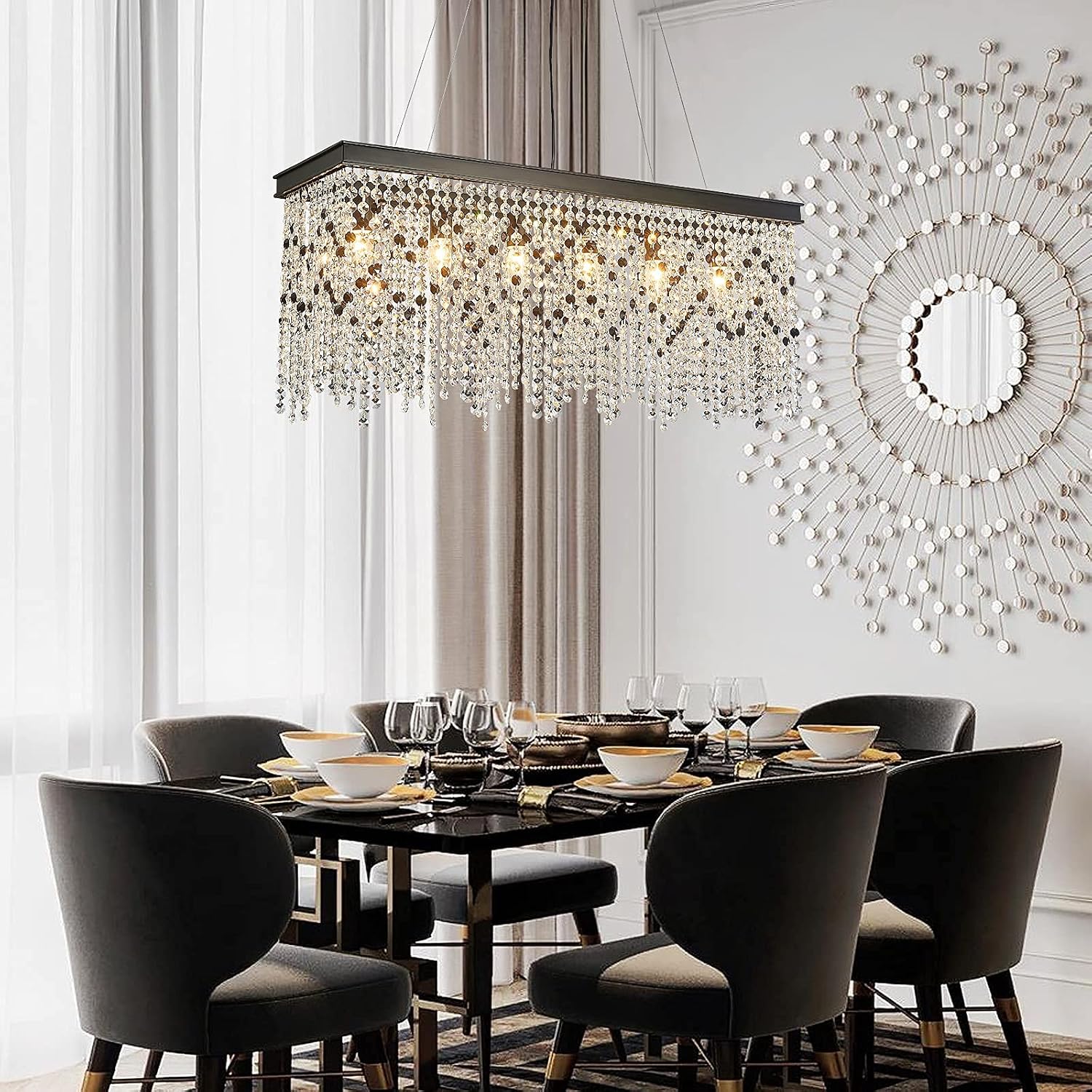 Q&S Black Modern Crystal Chandelier,L30 6-Light Luxury Rectangle Chandelier Light Fixtures for Dining Room Kitchen Island Bar UL Listed
