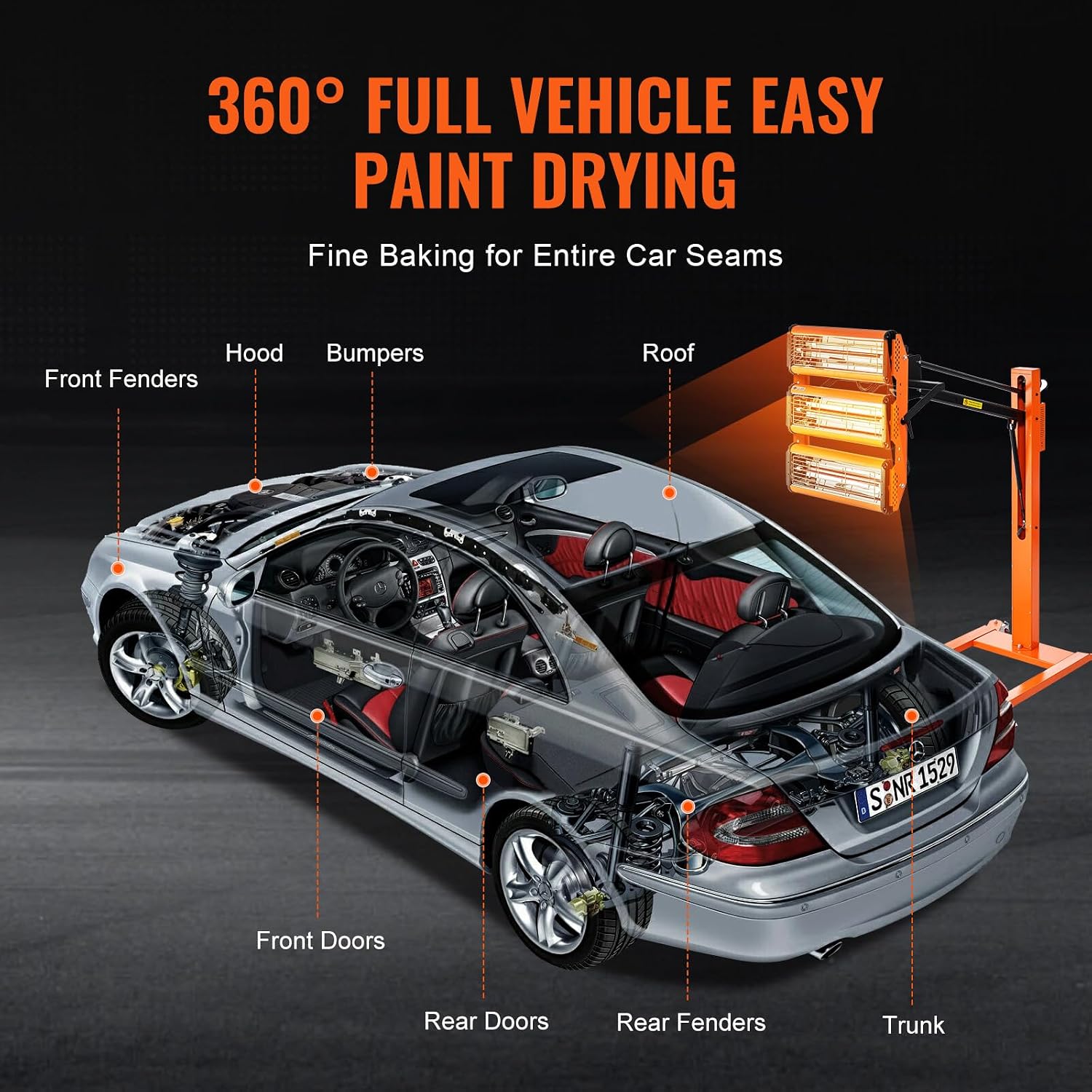 VEVOR Infrared Drying Lamp, 3300W with 1-60 min Timer, Automatic Heat for Automotive Repairs, Includes Stand, Covers 8.61 sq.ft, Ideal for Spray Booth Heating, Quick Paint Drying, Engine Warm-Up 110V