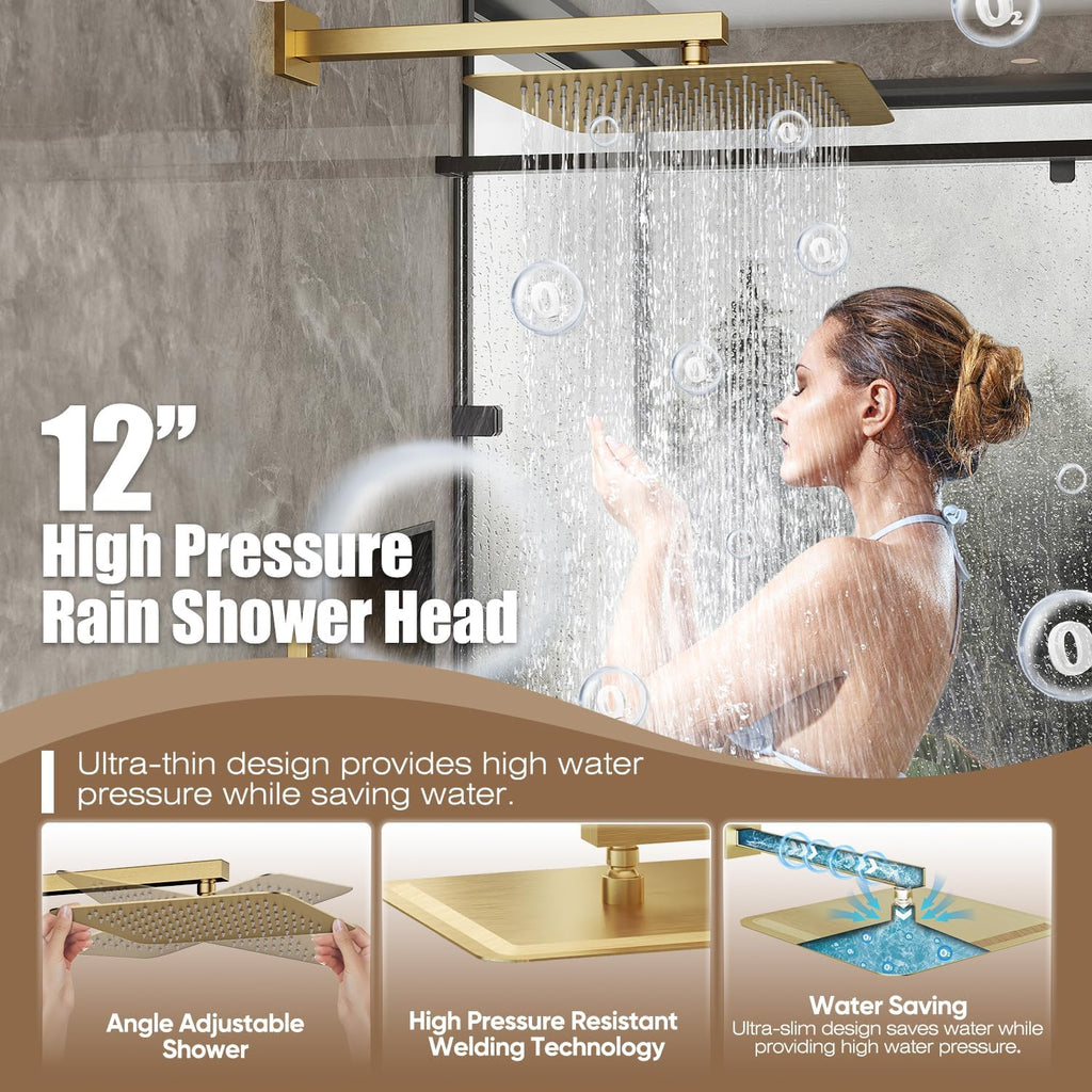 Gabrylly Shower System Gold, High Pressure 12' Rainfall Shower heads with Handheld Spray Combo, Modern Bathroom Shower Fixtures, Complete Shower Faucet Set with Valve and Diverter, Brushed Gold