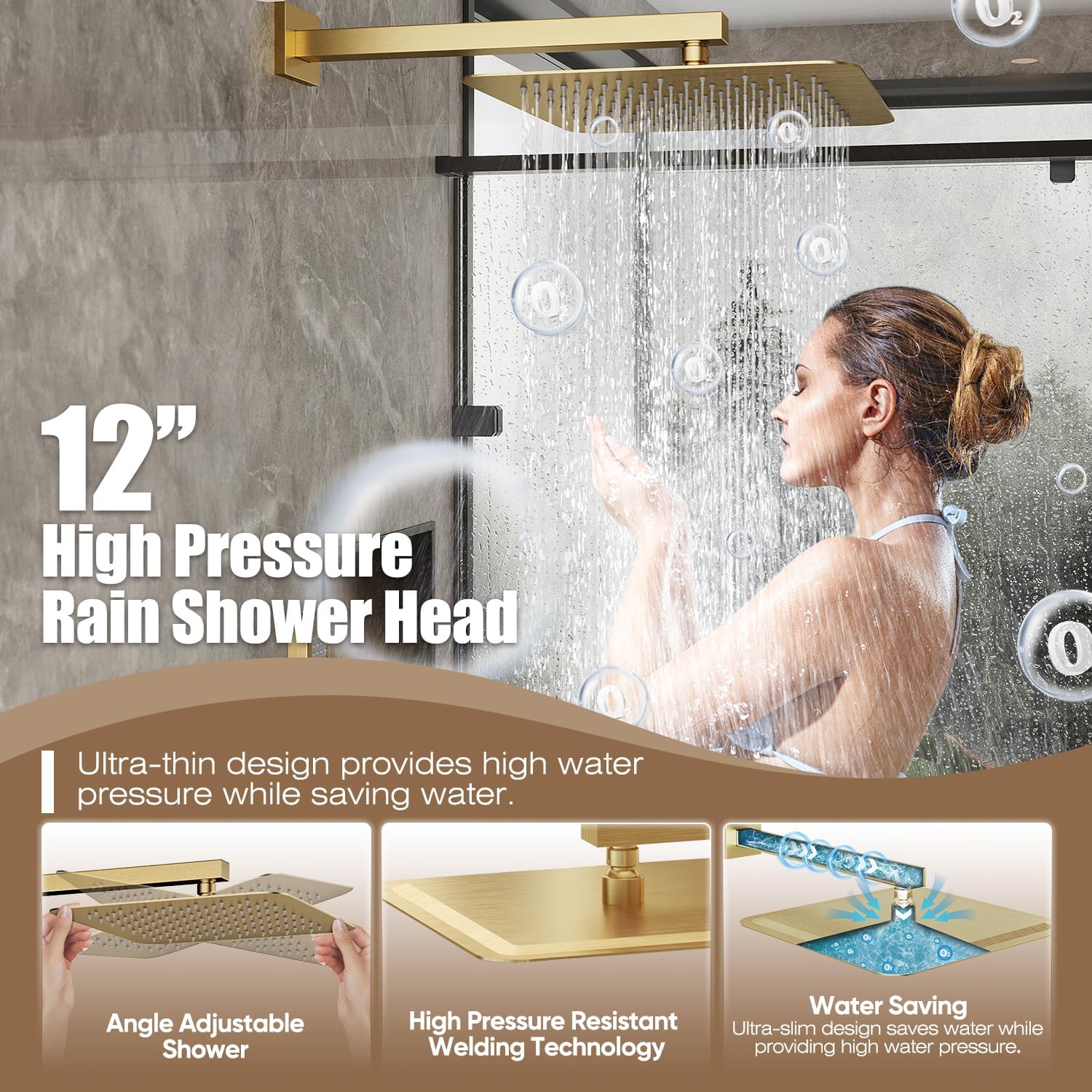 Gabrylly Shower System Gold, High Pressure 12' Rainfall Shower heads with Handheld Spray Combo, Modern Bathroom Shower Fixtures, Complete Shower Faucet Set with Valve and Diverter, Brushed Gold