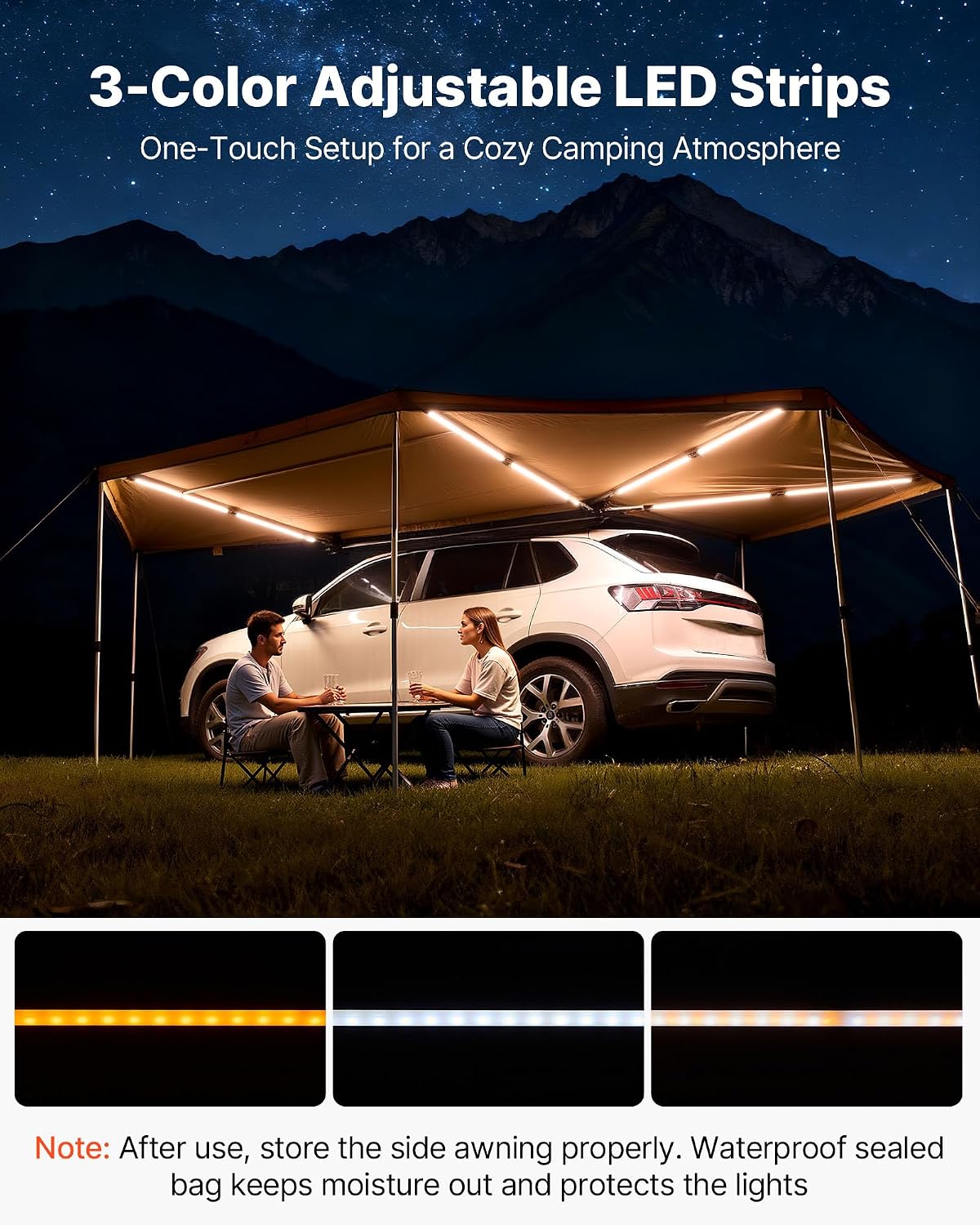 VEVOR 270 Degree Awning with Bulit-in LED Light 3 Colors, 117 sq.ft Driver Side Vehicle Awning, UV50+ Waterproof Car Side Awnings, All-Weather Overland Awnings Car Shelter for SUV Truck Camping