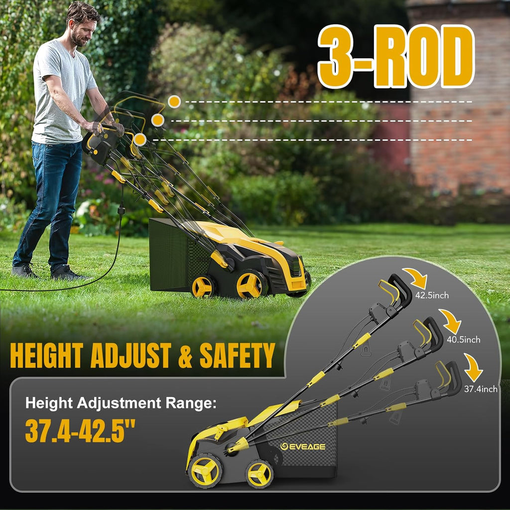 EVEAGE 16-Inch 15 Amp Electric Dethatcher & Scarifier, 2-in 1 Thatcher for Lawn with 5-Position Depth Adjustment, 14.5gal Collection Bag, Increases Lawn Health