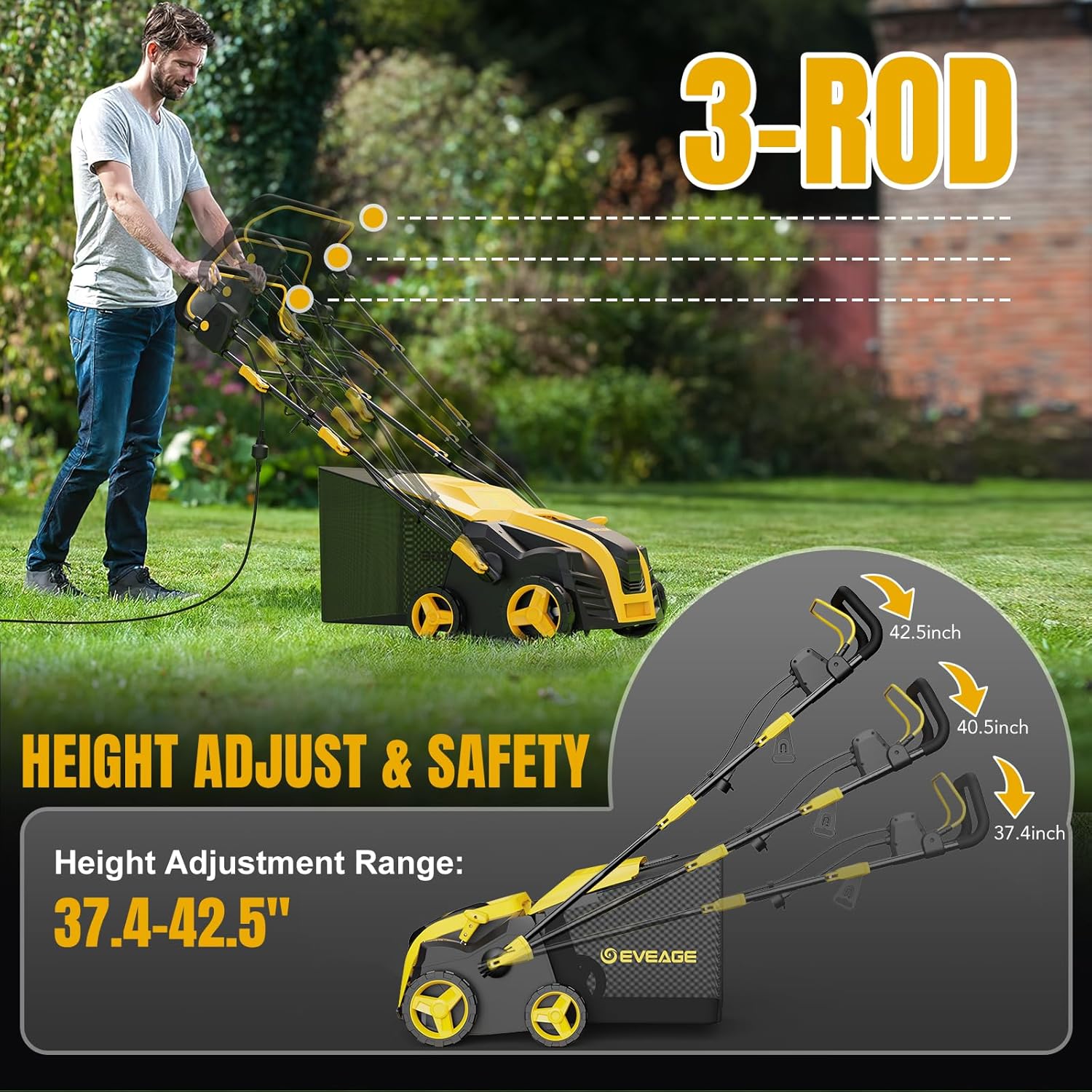 EVEAGE 16-Inch 15 Amp Electric Dethatcher & Scarifier, 2-in 1 Thatcher for Lawn with 5-Position Depth Adjustment, 14.5gal Collection Bag, Increases Lawn Health