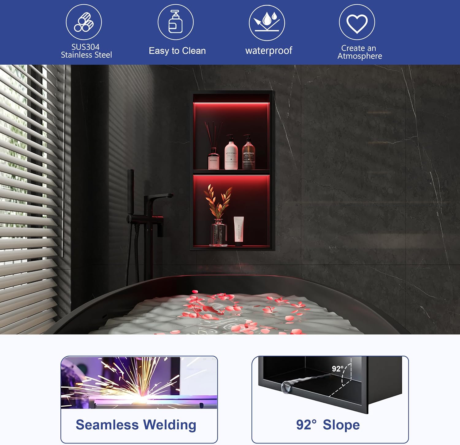 2-Tiers 12x24 Shower Niche, RGB LED Light Strips, Matte Black Wall Cabinet Shlef, Stainless Steel NO Tile Needed Recessed Wall Niche for Bathroom Storage Organizer