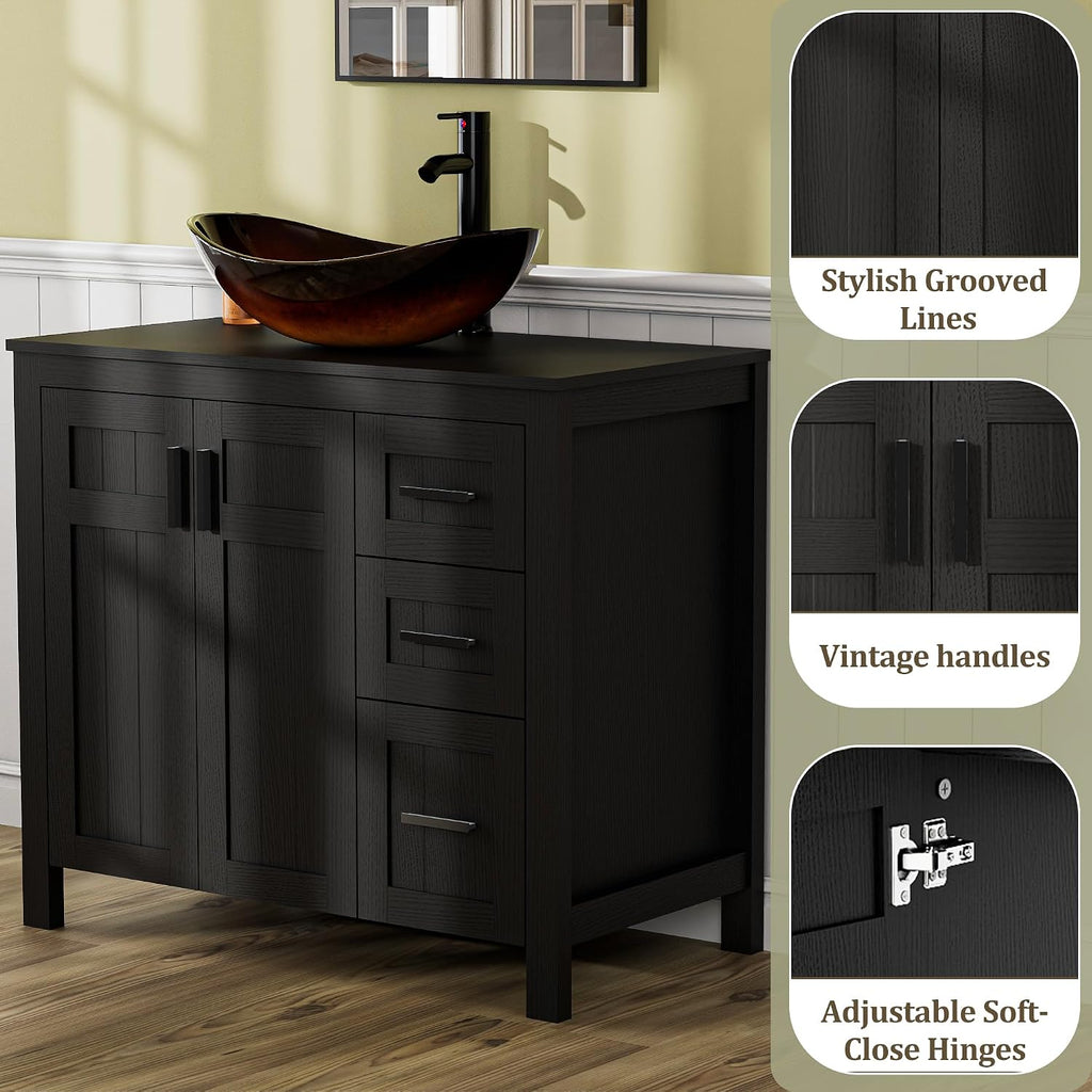 UEV 36' Bathroom Vanity with Sink Combo,Modern Freestanding Sink Cabinet with 3 Drawers,Stylish Bathroom Vanity Cabinet,Grooved Door,Metal Handles,Vessel Sink (Bronze Boat, 36' Black)