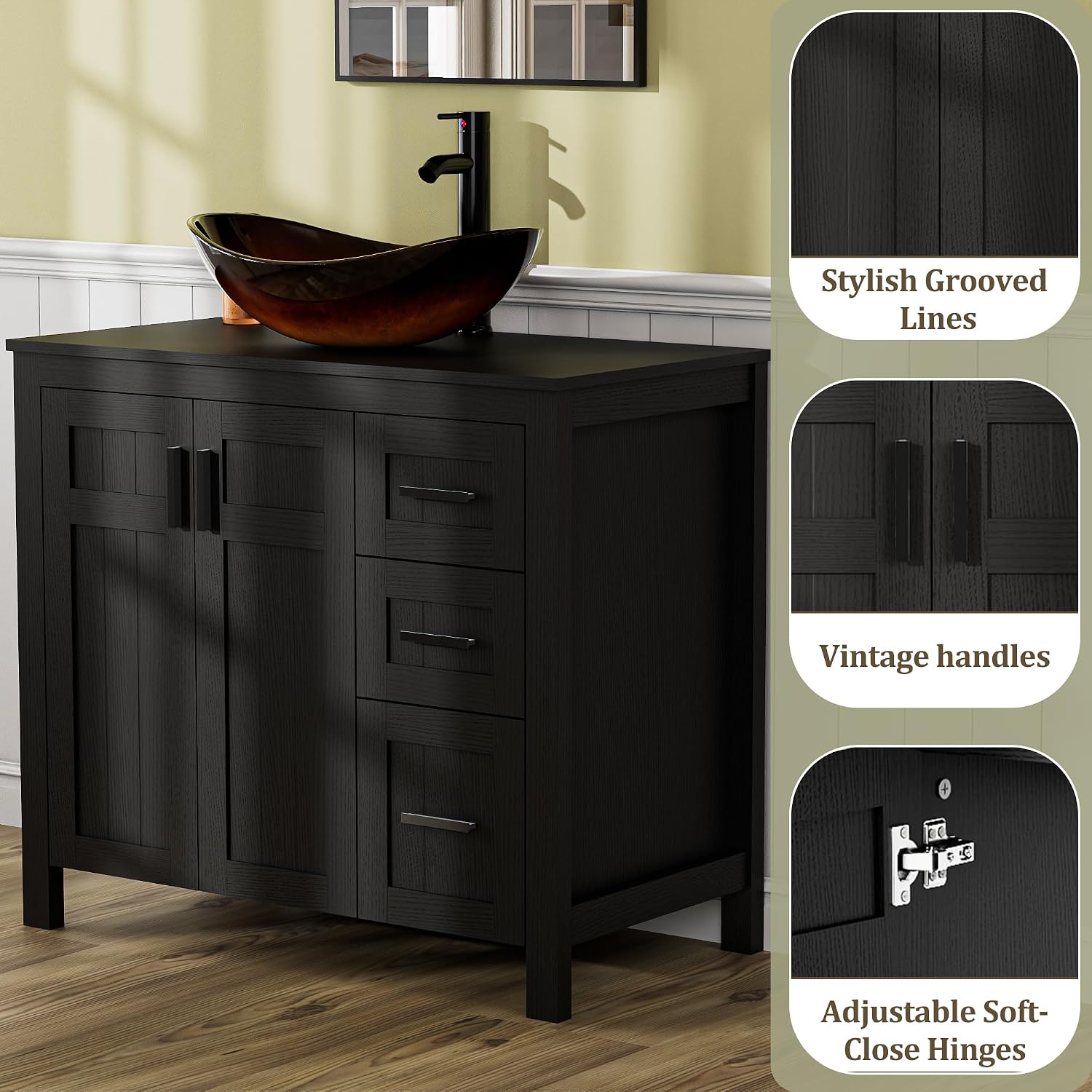 UEV 36' Bathroom Vanity with Sink Combo,Modern Freestanding Sink Cabinet with 3 Drawers,Stylish Bathroom Vanity Cabinet,Grooved Door,Metal Handles,Vessel Sink (Bronze Boat, 36' Black)