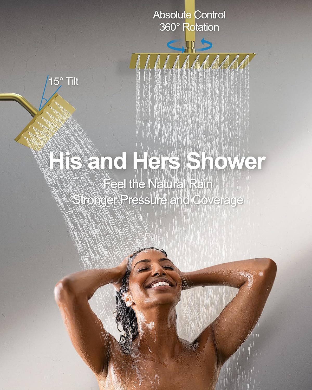 Thermostatic Shower System, 12 Inch Dual Rainfall Shower Heads for Ceilling & Wall Mounted with Handheld Sprayer, Brushed Gold