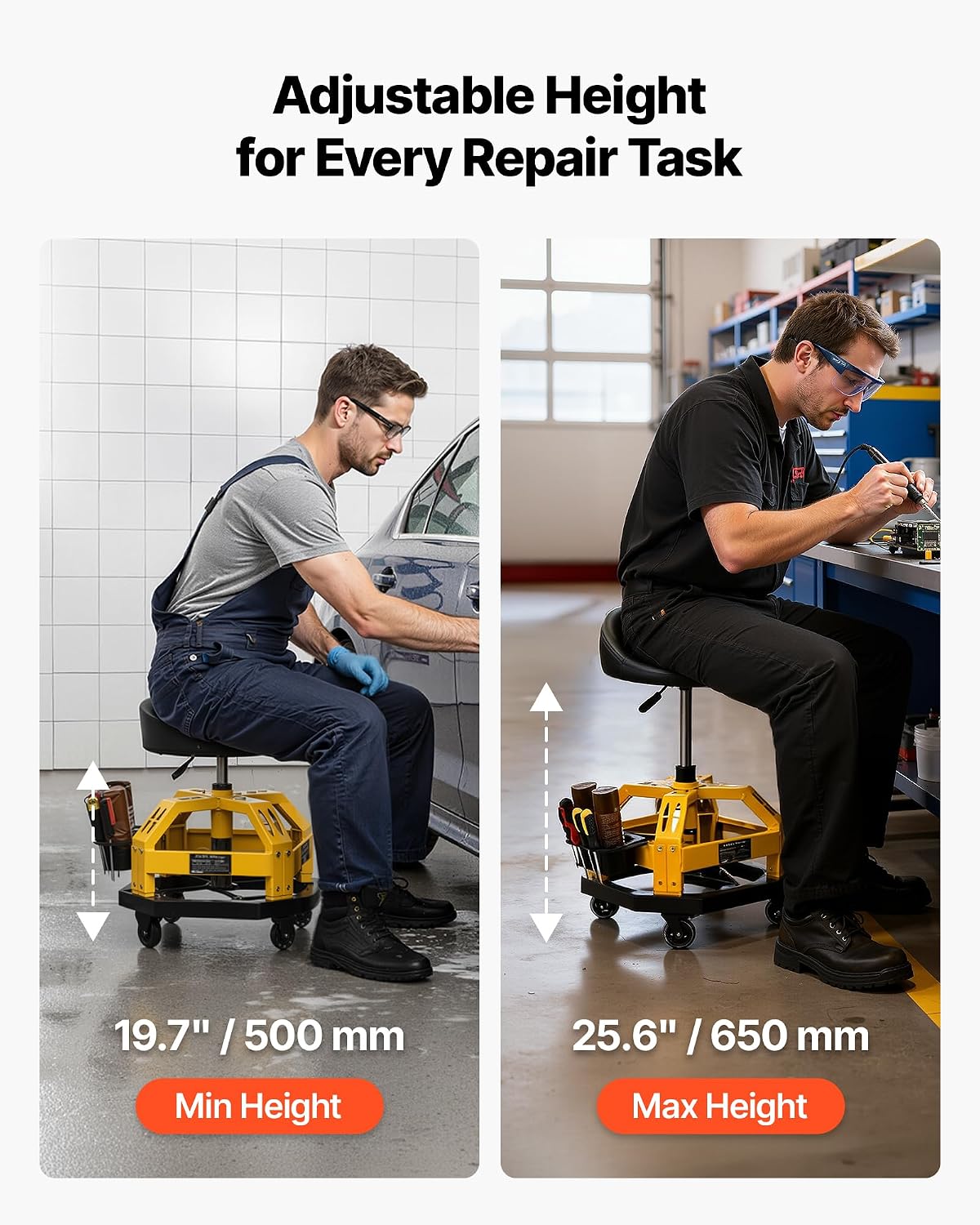 VEVOR Rolling Shop Stool with Wheels, 19.7'-25.6' Adjustable Height, 360° Swivel, 330 lbs Capacity, Garage Work Mechanic Stool with Backrest, Tool Tray Storage, Padded Seat Shop Chair, Black/Yellow