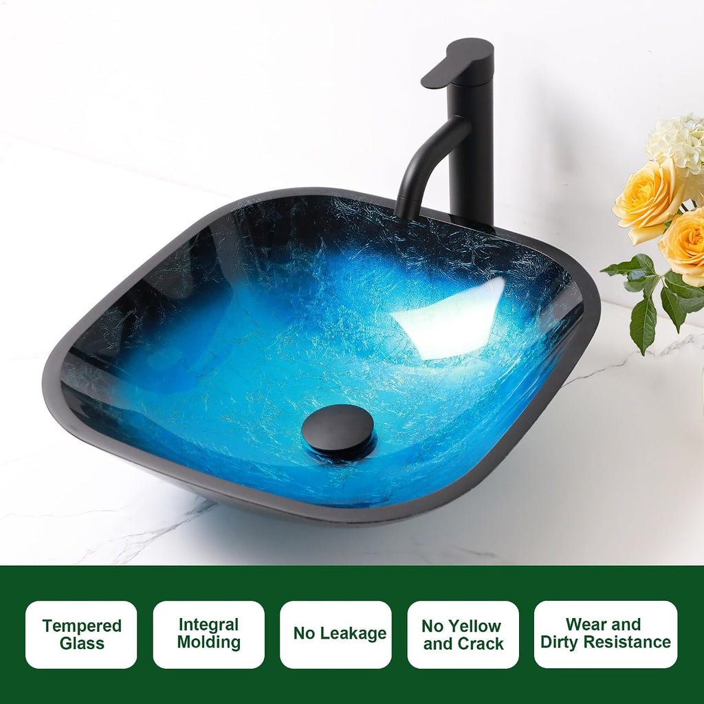 Sarlai Bathroom Vessel Sink Tempered Glass Bowl Square Vessel Sink with Faucet and Pop-up Drain Combo 16-3/4 x 16-3/4 Inch Matte Black Countertop Bathroom Sink Basin
