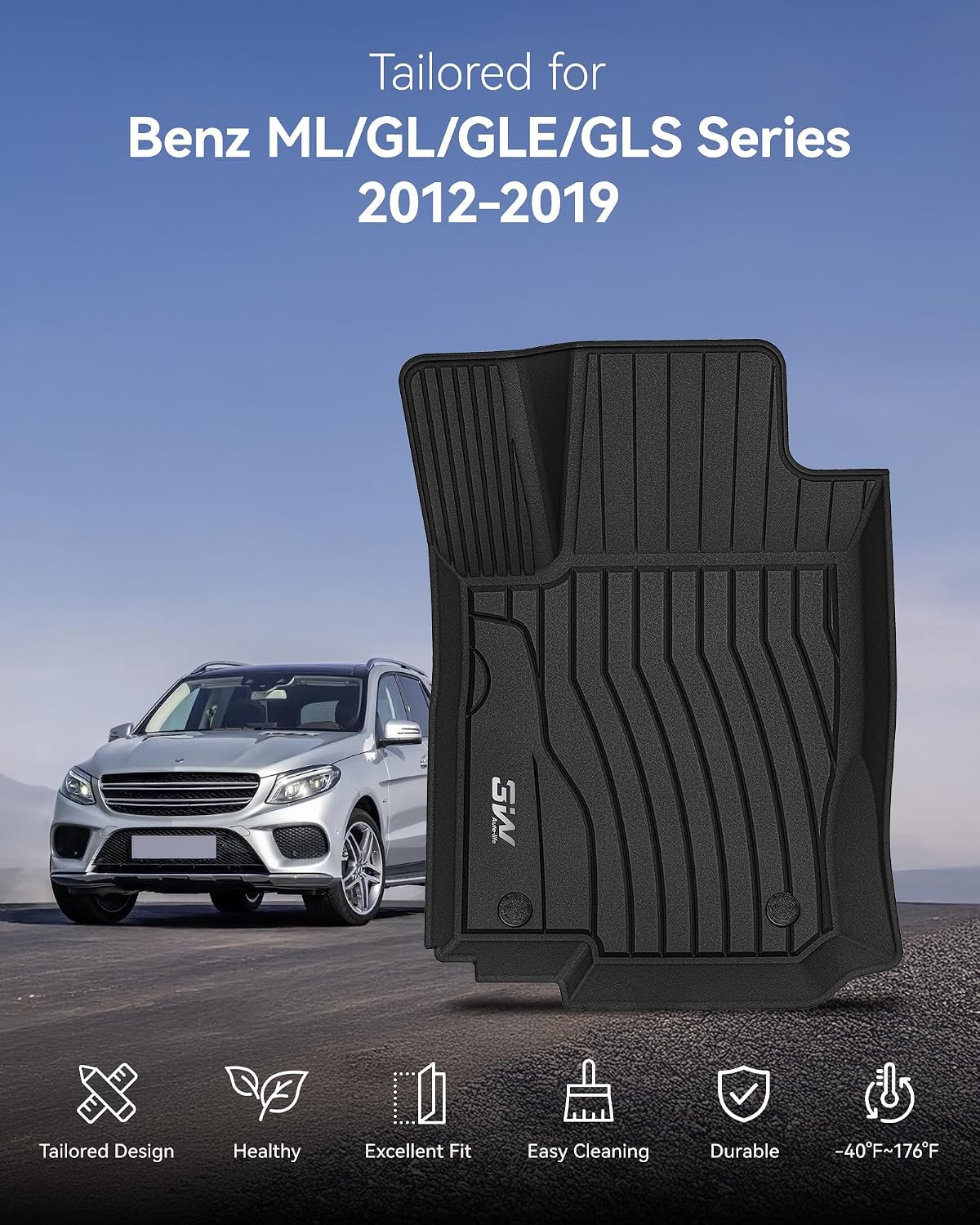 3W Floor Mats for 2012-2019 Benz ML/GL/GLE/GLS Series (ML/GL/GLE/GLS 350/450/550/63 AMG), TPE All Weather Custom Fit Floor Liner for 1st and 2nd Row Full Set Car Mats, Black