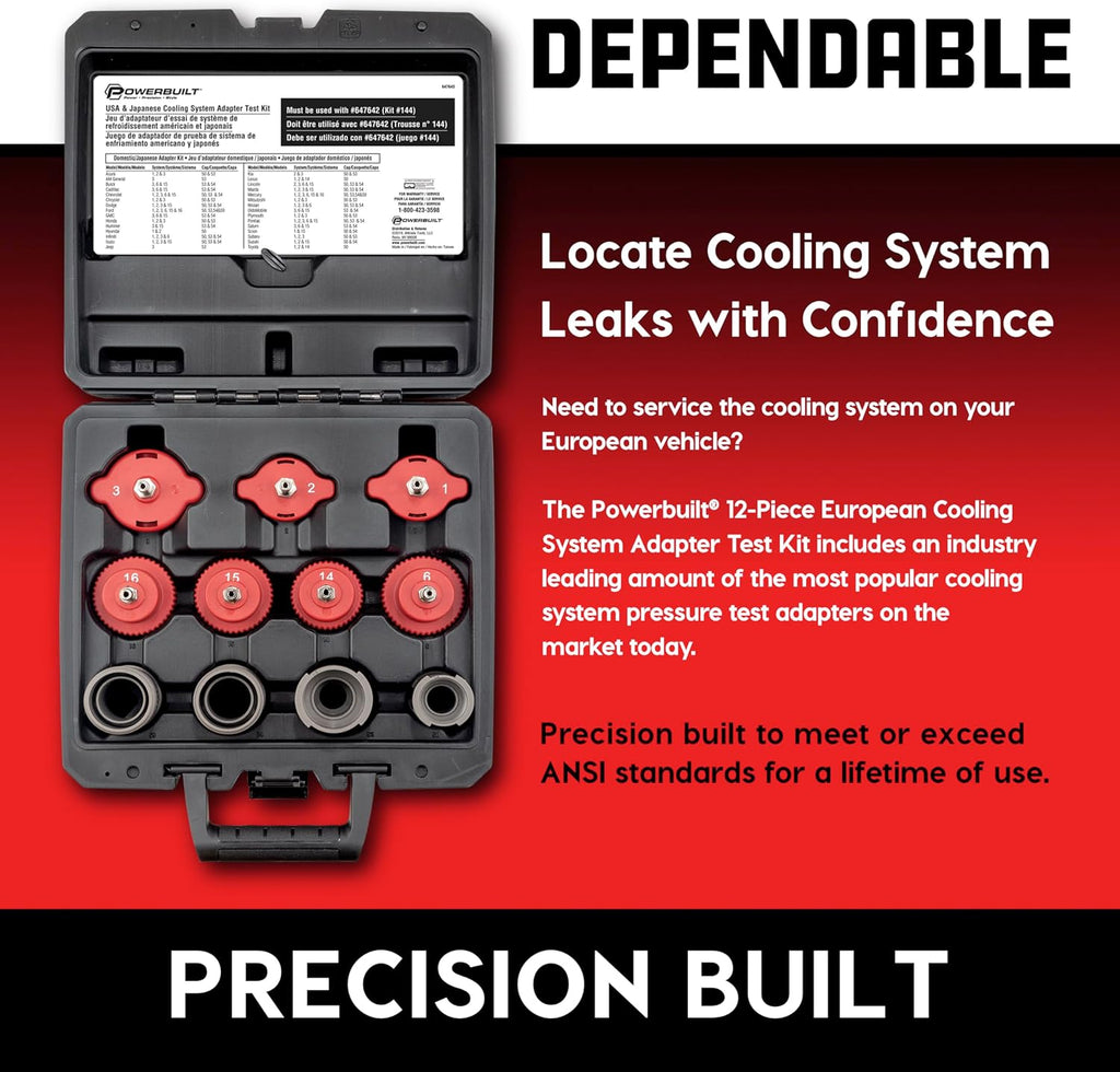 Powerbuilt Cooling System Pressure Tester Adapter Kit for European Vehicles – 12-Piece Set for Audi, BMW, VW, Mercedes & More – Works with Model 647642 Pressure Testing Pump - 647644