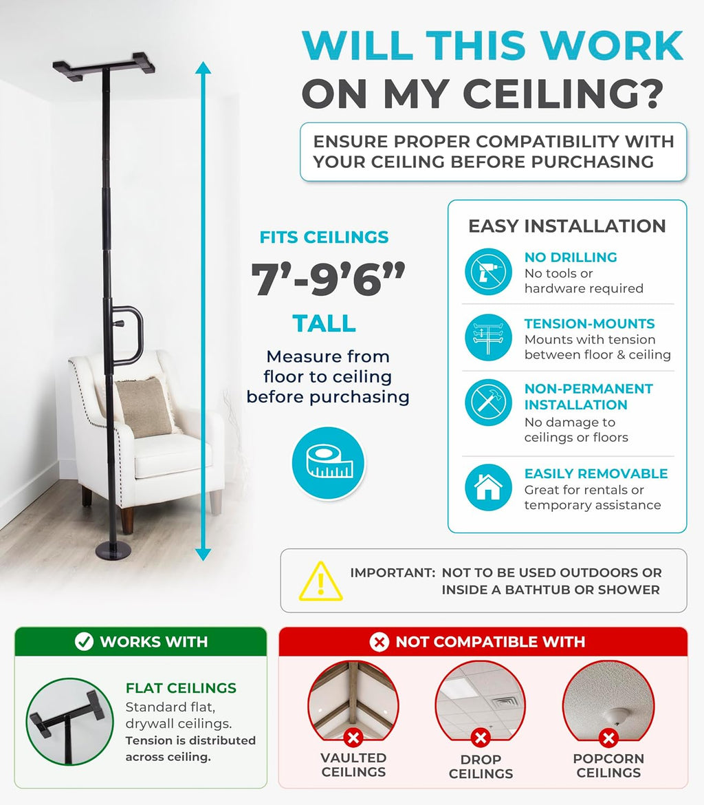 Stander Security Pole and Curve Grab Bar, Elderly Tension Mounted Floor to Ceiling Transfer Pole, Bathroom Safety Assist and Stability Rail, Metallic Black