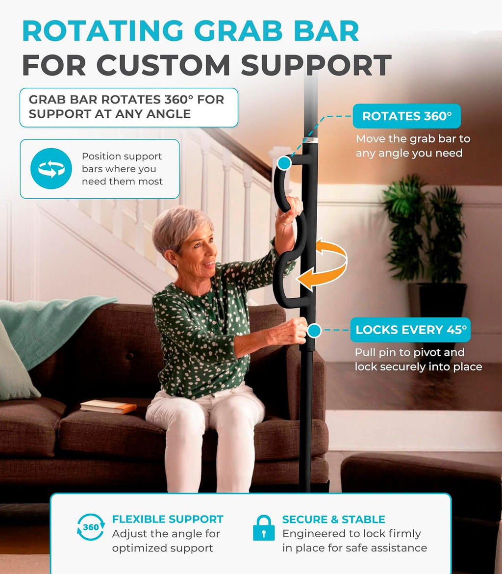 Stander Wonder Pole Plus with Rotating Double Grab Bar, Tension Mounted Security Pole for Seniors & Elderly Adults, No-Drill Floor to Ceiling Transfer Pole for Home & Bath Safety, Black