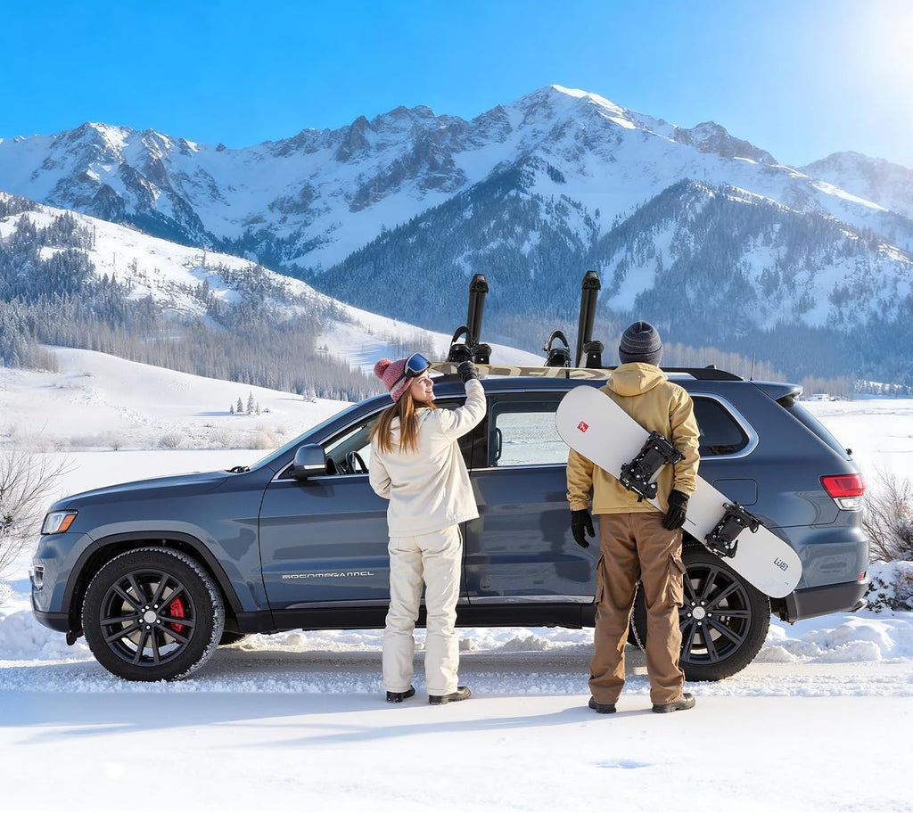 VEVOR Ski & Snowboard Roof Rack, Carry up to 6 Pairs of Skis or 4 Snowboards, 2 PCS Aluminum Universal Car Roof Rack Top Holder with Lock and Rubber Padding for Fishing Pole Rod, Fit Most Crossbars