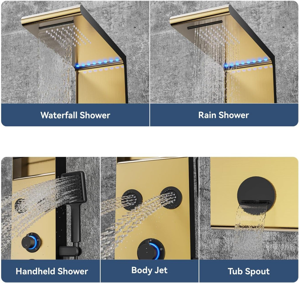 ELLO&ALLO LED Rainfall Shower Head and Rain Massage System with Body Jets Stainless Steel Bathroom Shower Panel Tower System with Shelf, Brushed Gold&Black