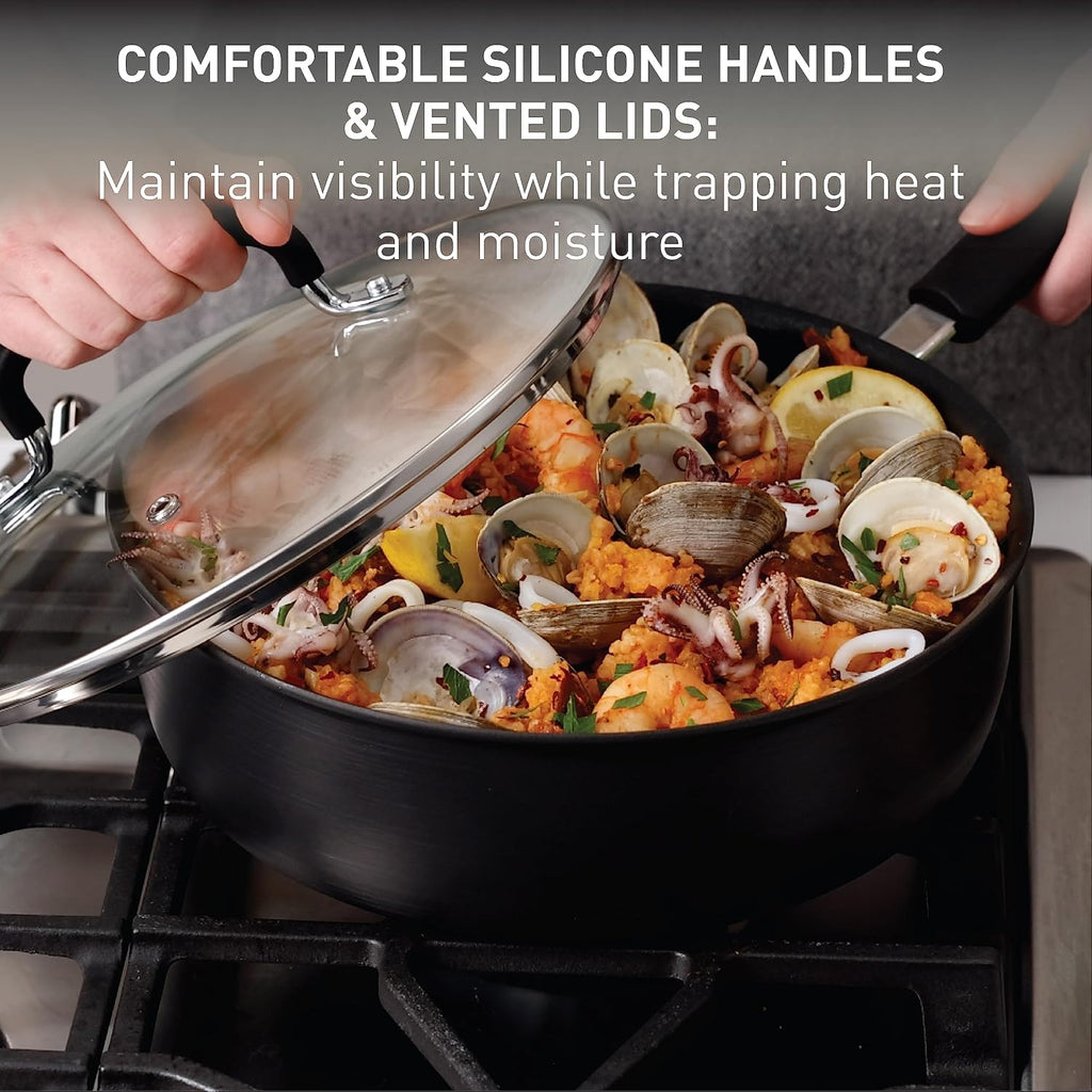 T-fal Ultimate Hard Anodized Nonstick Pots and Pans Set 14 Piece, Oven Broiler Safe 400F, Kitchen Cooking Set w/Fry Pans, Saucepans, Griddle, Dutch Oven, Dishwasher Safe, Cookware, Onyx