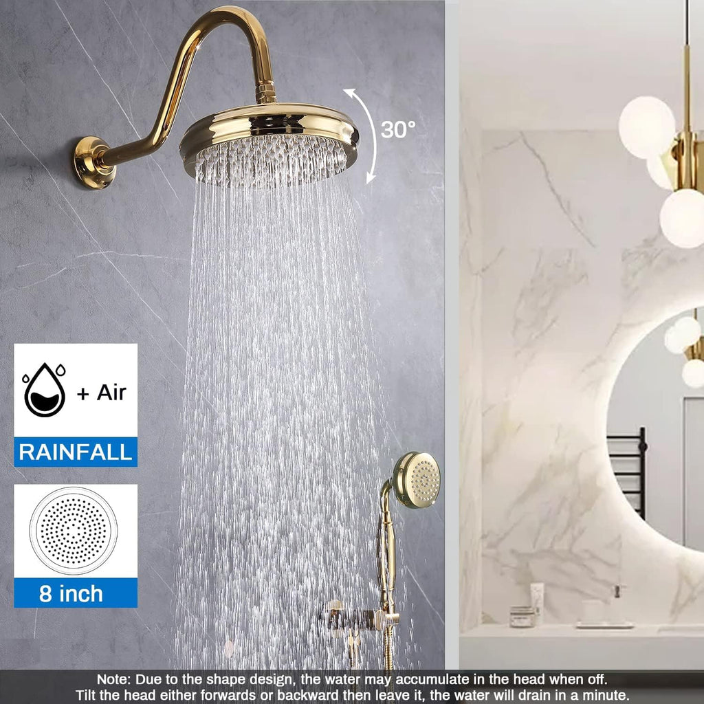 Enga Bright Gold Brass Shower Tub Faucet System Antique 8inch Rainfall Shower with Spout and Hand Spray