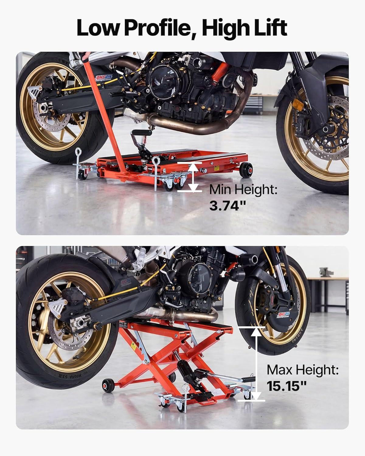 VEVOR Hydraulic Motorcycle Lift Jack, 1100 lbs Capacity, Scissor Lift Jack Portable Motorcycle Hoist Stand with 6 Wheels, 4.72'-15.15' Height Range, Hydraulic Foot-Operated Hoist Stand for Dirt Bikes