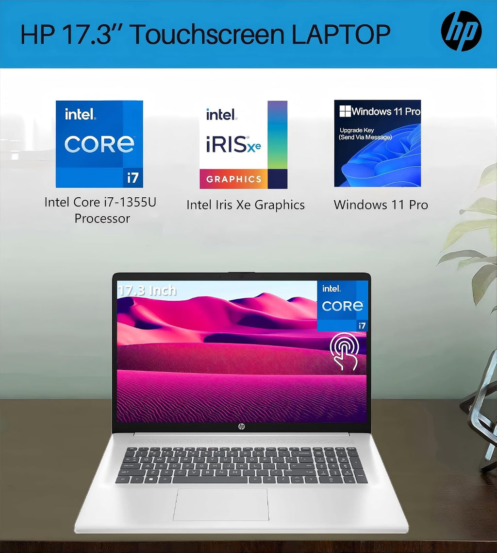 HP 17 inch Laptop for Business, 17.3' HD+ Touchscreen Display, Intel 10-Core i7-1355U(up to 5.0 GHz), 16 GB RAM, 1 TB SSD, Lifetime Office, Windows 11 Pro, Intel Iris Xe GPU, Wi-Fi 6, w/Accessories