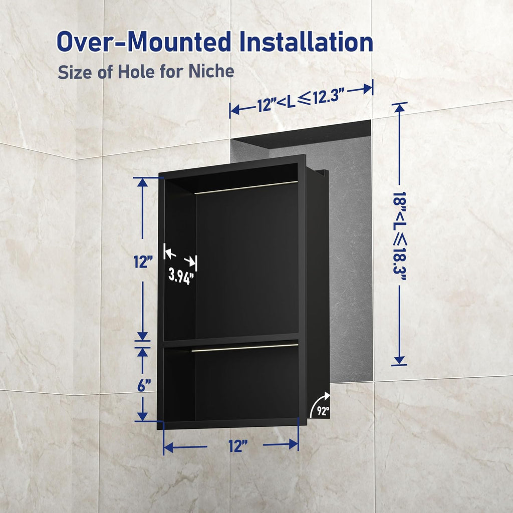 Stainless Steel Led Shower Niche Black 18' X 12' No Tile Needed | Recessed niche matte black w/ 2-tier shelf,Led driver UL listed,vertical niche,non-dimmable,3000K warm light IP66 waterproof