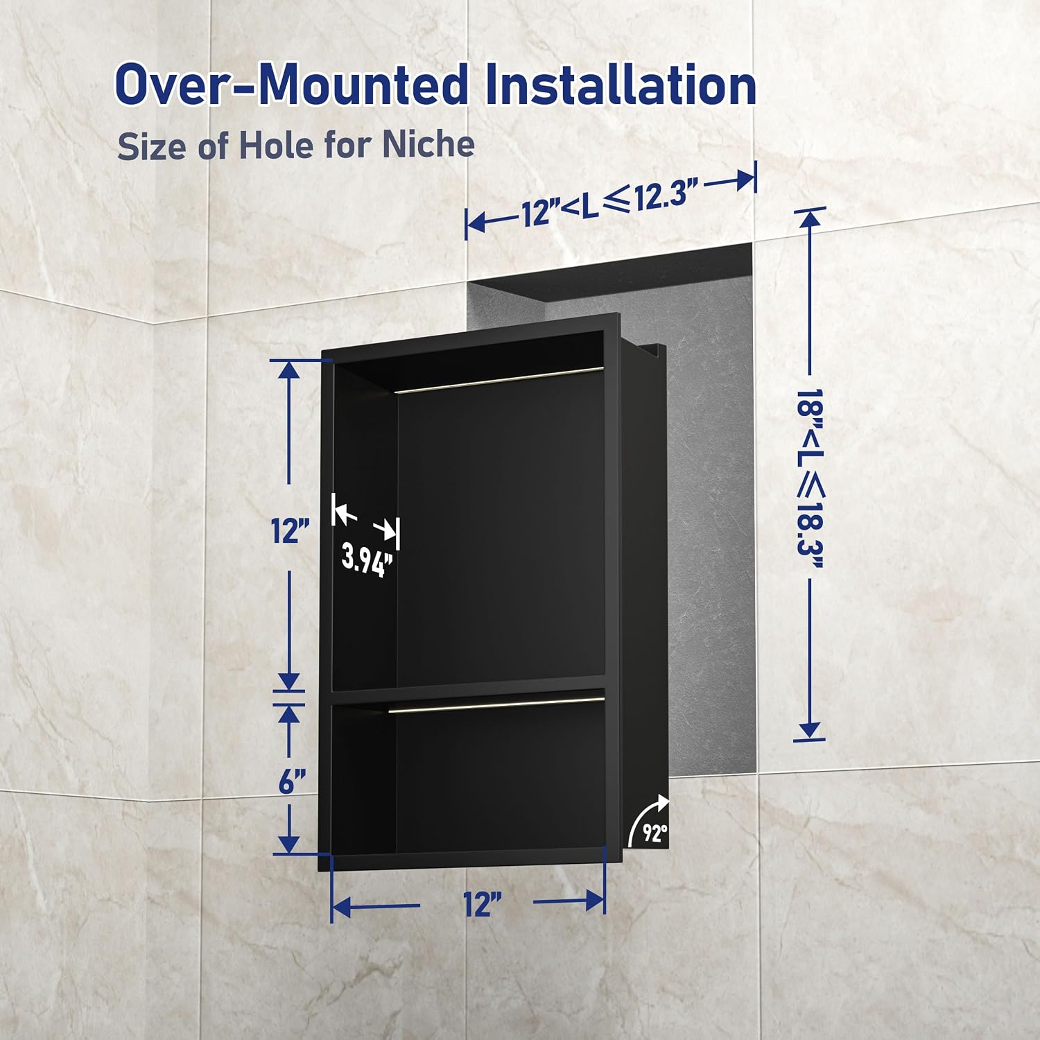 Stainless Steel Led Shower Niche Black 18' X 12' No Tile Needed | Recessed niche matte black w/ 2-tier shelf,Led driver UL listed,vertical niche,non-dimmable,3000K warm light IP66 waterproof