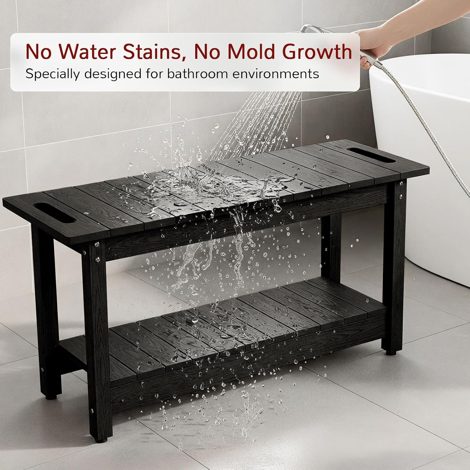 Stoog 35.5' Large Shower Bench, Waterproof Shower Stool with Storage Shelf and Handles, Adjustable and Non-Slip Feet, Shower Chair for Inside Shower, Black