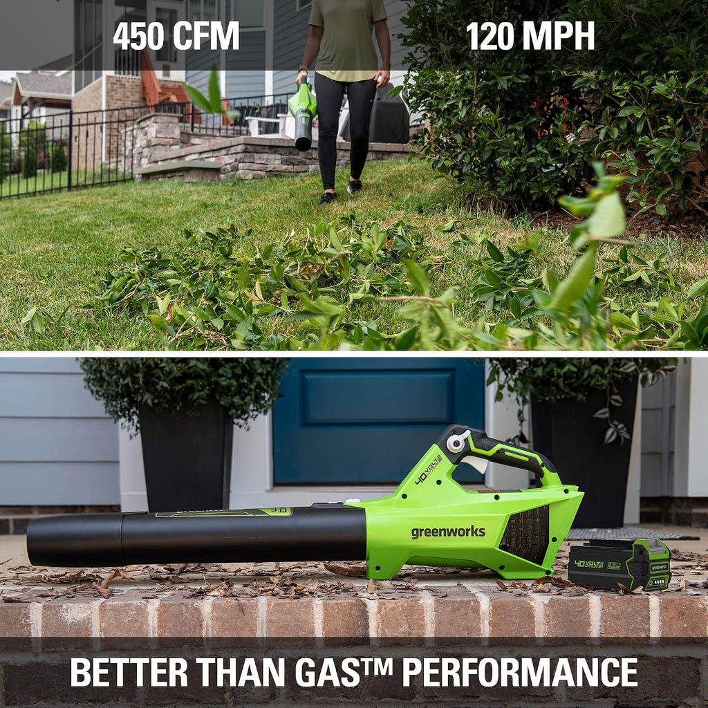 Greenworks 40V (120 MPH / 450 CFM / 75+ Compatible Tools) Cordless Axial Leaf Blower, 4.0Ah Battery and Charger Included