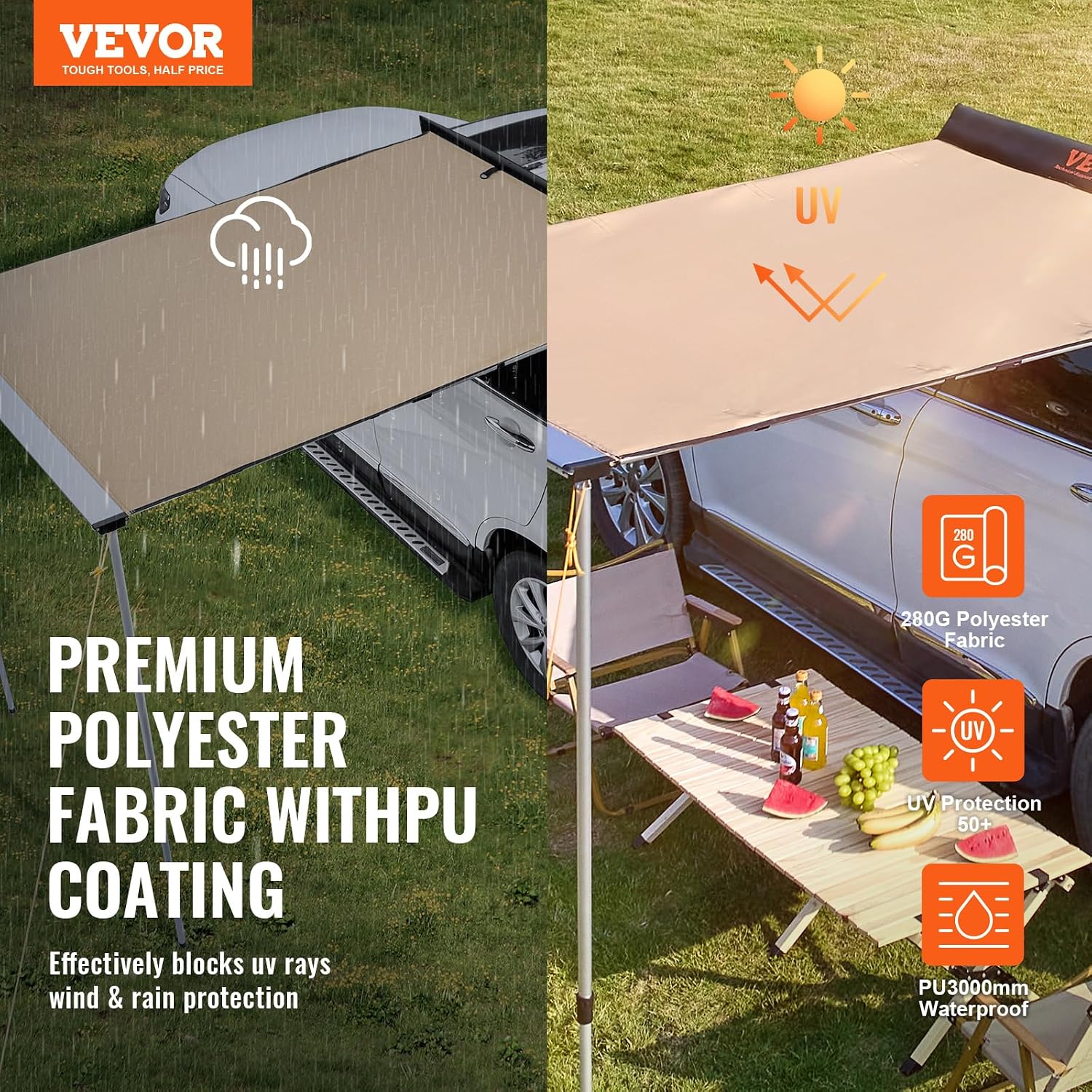 VEVOR Vehicle Awning 4.6'x6.6' Roof Rack Pull-Out Sun Shade UV50+ PU3000mm, Retractable Weatherproof 4x4 Side Awning for SUV Outdoor Camping & Overland (Hardware Included), w/Waterproof Storage Bag
