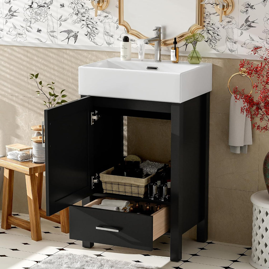 20-inch Bathroom Vanity with Sink Combo Set, Free Standing Single Storage Cabinet with Soft Closing Doors & One Drawer, Solid Wood Vanity Organizer with Ceramic Basin for Bathroom, Black