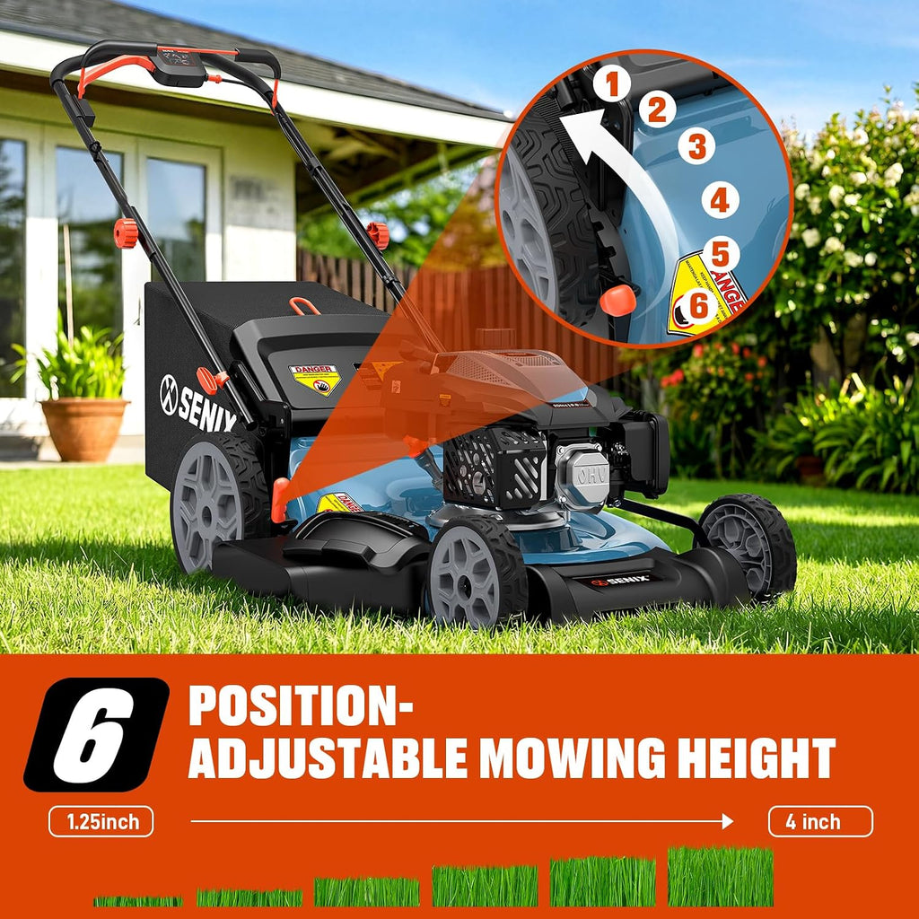 SENIX 201cc 22' 3-in-1 Gas Lawn Mower, Variable Speed Rear Wheel Self-Propelled Mower, Mulching, Bagging, Discharging, Foldable, 6 Cutting Height Adjustable, for Garden Yard