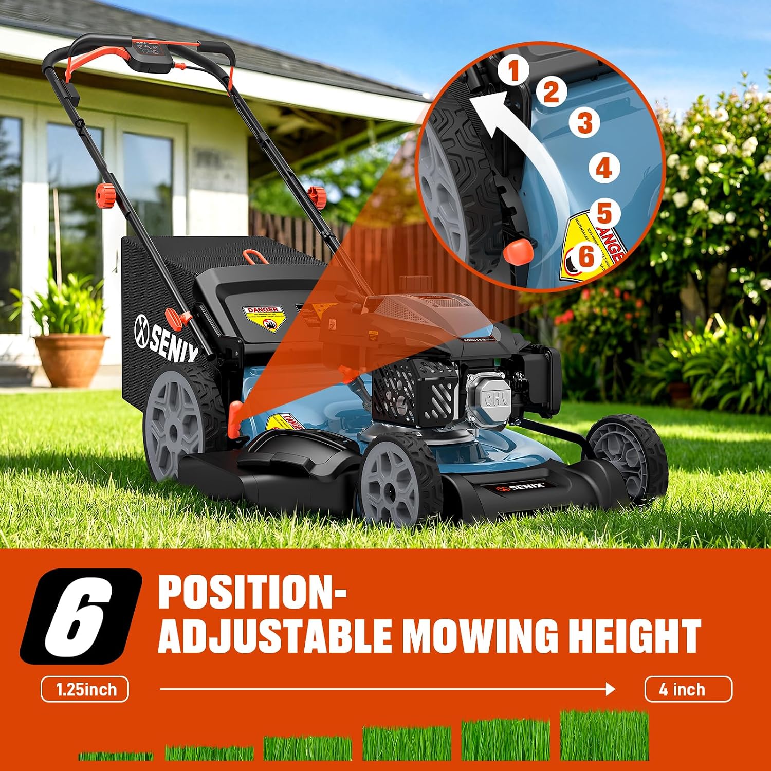 SENIX 201cc 22' 3-in-1 Gas Lawn Mower, Variable Speed Rear Wheel Self-Propelled Mower, Mulching, Bagging, Discharging, Foldable, 6 Cutting Height Adjustable, for Garden Yard
