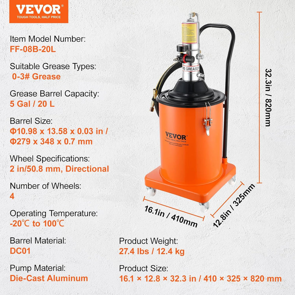 VEVOR Grease Pump, 5 Gallon Air Grease Pump with 13 ft High Pressure Hose and Grease Gun, 20L Pneumatic Grease Pump with Wheels, Portable Lubrication Grease Pump