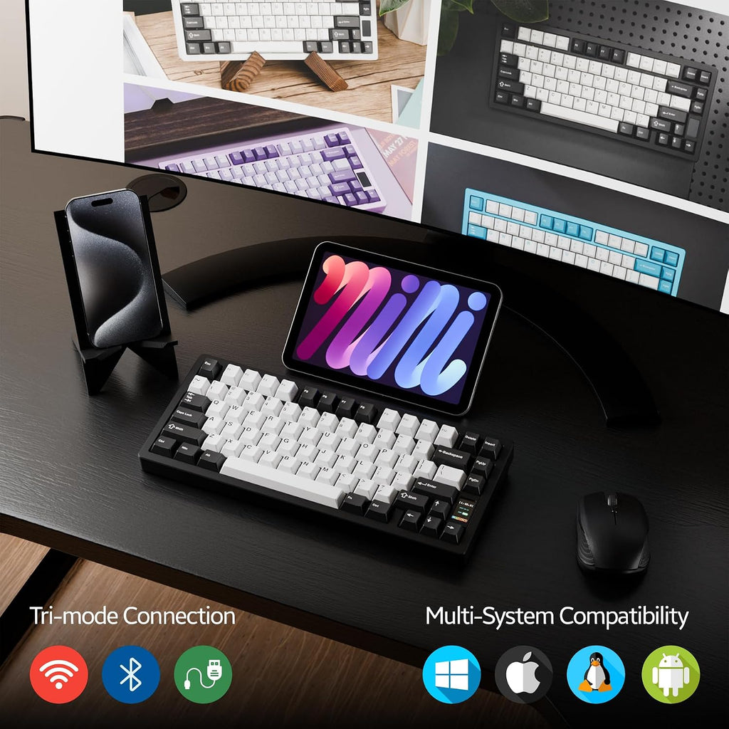Chilkey ND75 Mechanical Keyboard: 75% Percent Aluminum Wireless Gaming Keyboard with Screen, Quick Assembly, BT/2.4G/USB-C, Hot Swappable Per-key RGB Custom Black Key Board for Laptop Office PC