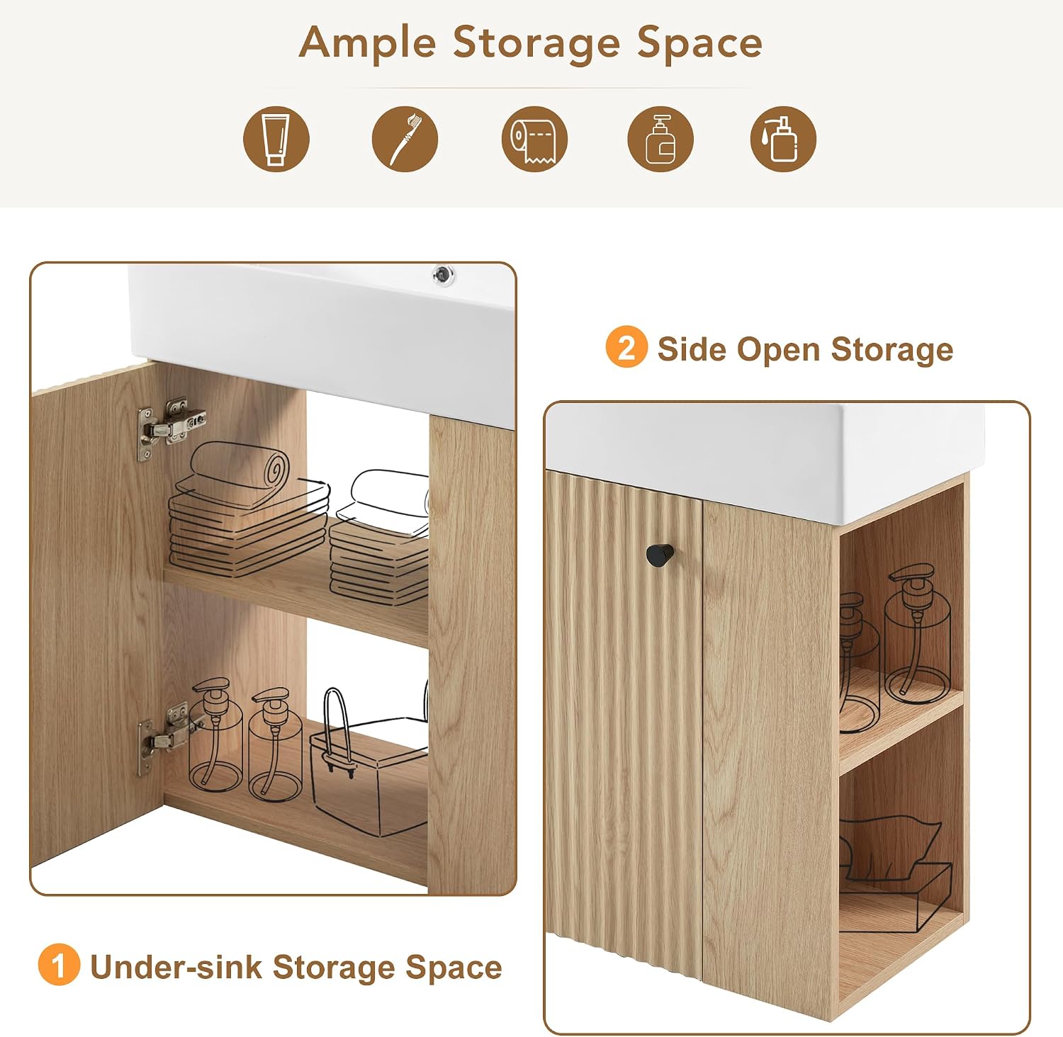 21.6-inch Bathroom Vanity with Sink Combo, Wall-Mounted Single Storage Cabinet with One Cabinet & Right 2-Tier Shelves, Wooden Vanity with Ceramic Basin for Bathroom, Wood