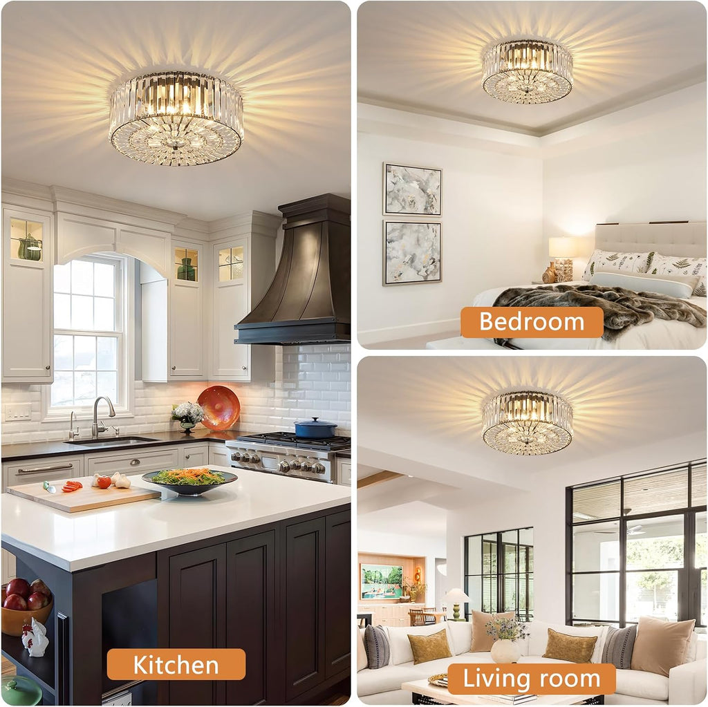 Large Crystal Ceiling Light, 17.5' Black K9 Crystal Flush Mount Ceiling Light, 4-Light Round Luxury Light Fixture for Dining Room, Bedroom, Hotel, Living Room, XDD007-4-BK