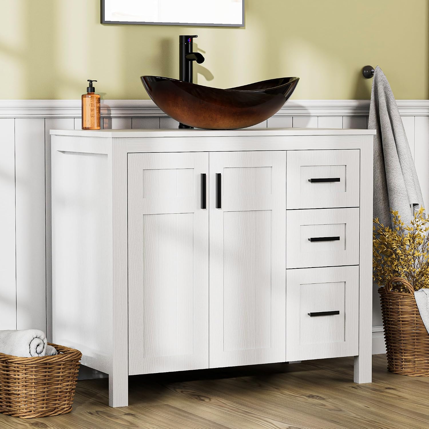 UEV 36' Bathroom Vanity with Sink Combo,Modern Freestanding Sink Cabinet with 3 Drawers,Stylish Bathroom Vanity Cabinet,Grooved Door,Metal Handles,Vessel Sink (Bronze Boat, 36' White)