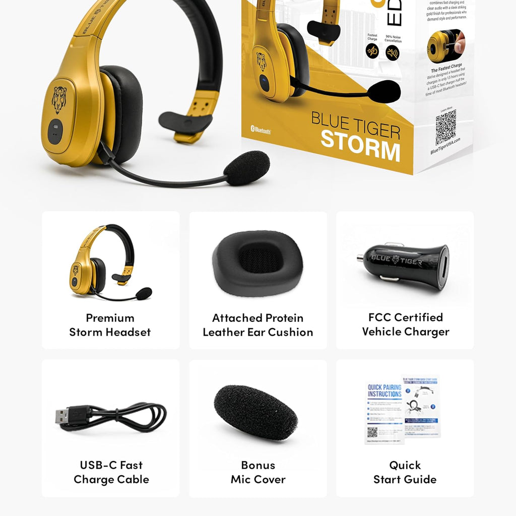 Blue Tiger Storm Gold - Premium Trucker Bluetooth Headset-Wireless Noise Canceling Mono Headset with Mic -High-Fidelity Sound, 30-Hour Talk Time, USB-C Charging - for Truck Drivers, Bluetooth 5.0