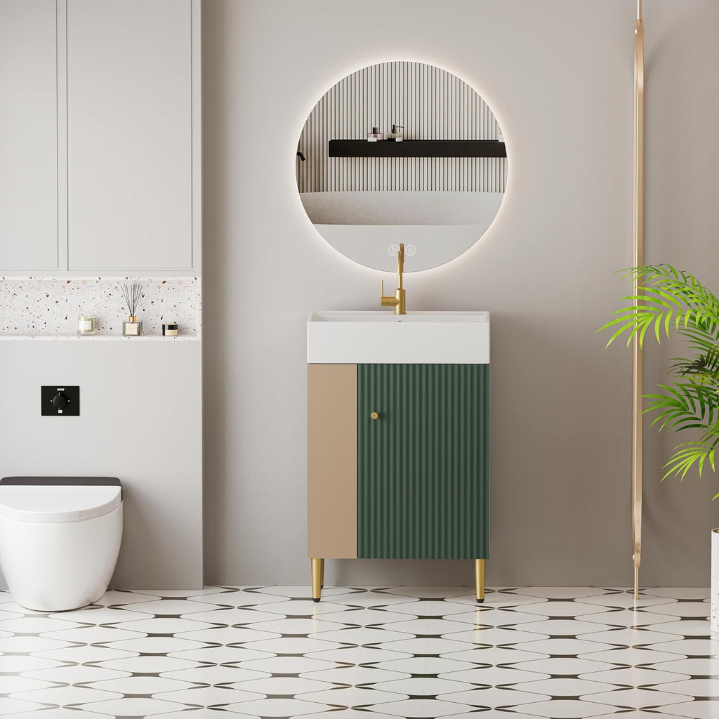 Merax 20 Inch Bathroom Vanity with Sink, Narrow Depth Bathroom Vanities,Wood Vanity Cabinet,Soft Closing Door,Freestanding Sink Cabinet W/Open Side Shelves, Dark Green