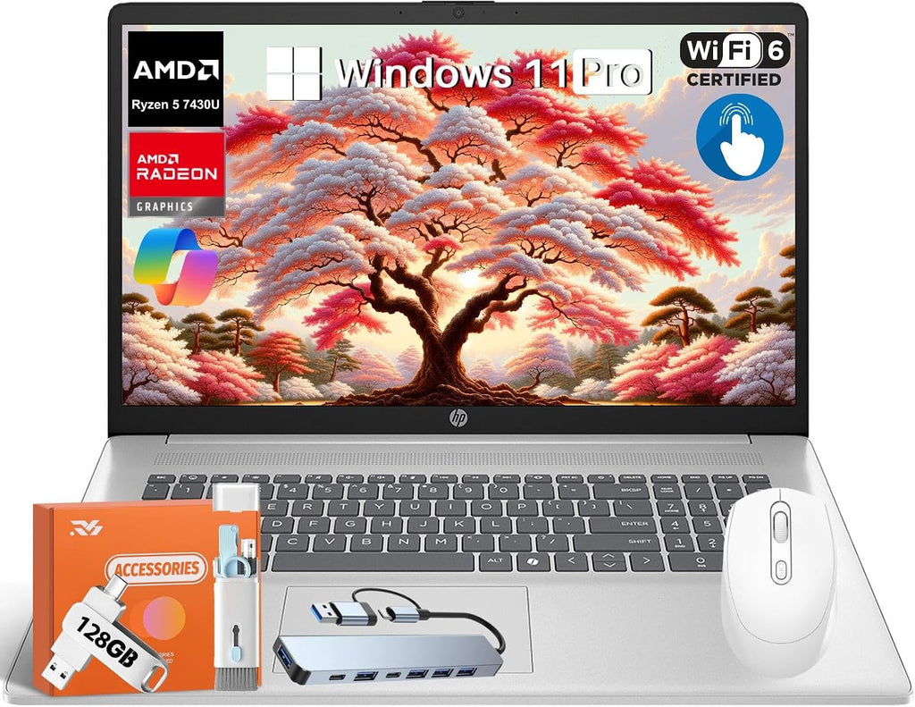 HP 17.3' 2025 Touchscreen Laptop, HD+ Anti-Glare Display, AMD Ryzen 5 7430U, AMD Radeon Graphics, 64 GB RAM, 4 TB SSD, Copilot-AI, Wi-Fi 6, Windows 11 Pro, for Business & Student, w/Accessories