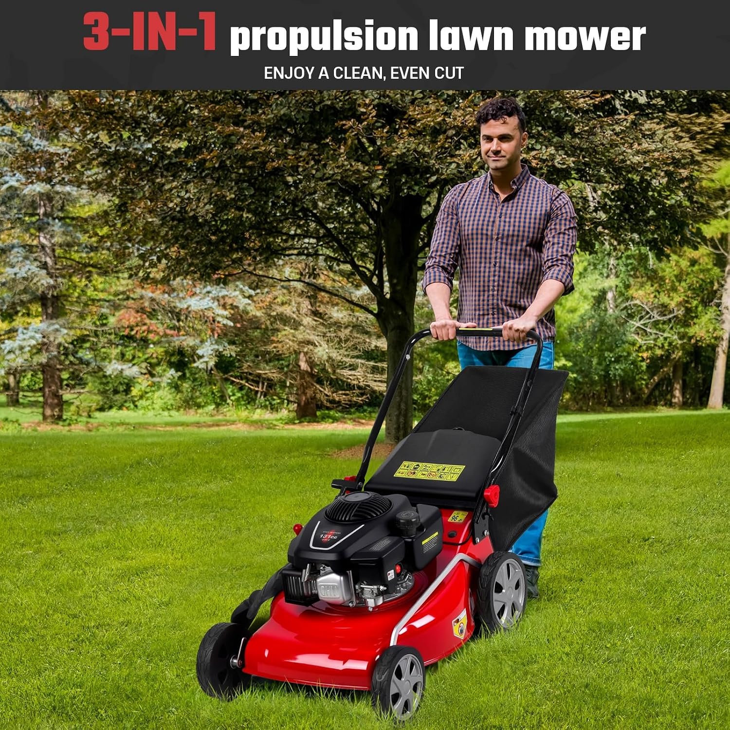 20 Inch Foldable Self Propelled Lawn Mower, 3-in-1 Gas Lawnmower with 133cc 4-Cycle Engine, Bagging, Mulching and Side Discharge, Adjustable 8-Positions Cutting Height, Easy Start Red
