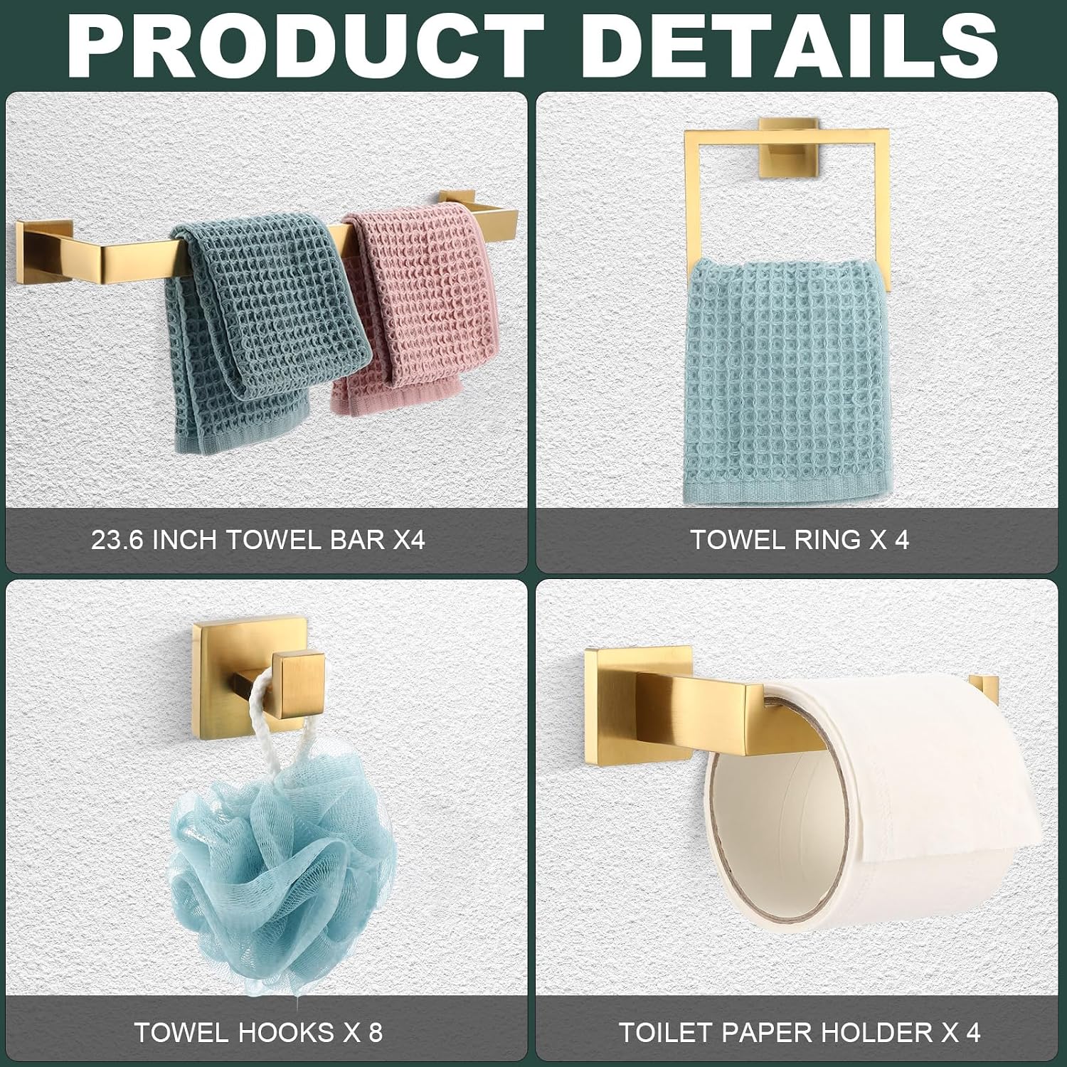 Gisafai 20 Pcs Gold Bathroom Hardware Accessories Set 23.6 Inch Bath Towel Bar Kit Stainless Steel Bathroom Hardware Set Towel Racks Ring Robe Hooks Paper Holder for Wall Mounted