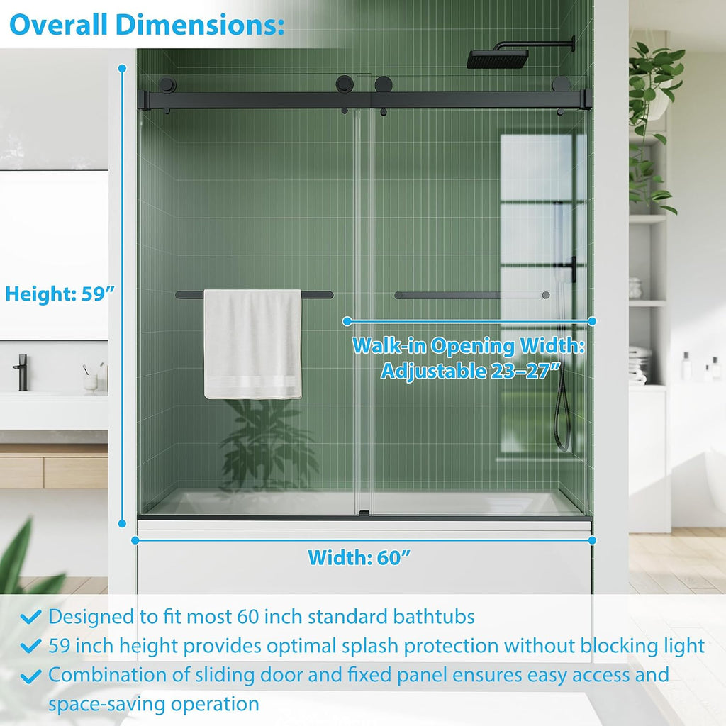 Bathtub Shower Door Glass Sliding 60 Inches,56-60' W x 59' H Frameless Dual Sliding Shower Glass Doors, 6mm Tempered Glass with Stainless Steel Square Rail for Modern Bathroom Matte Black