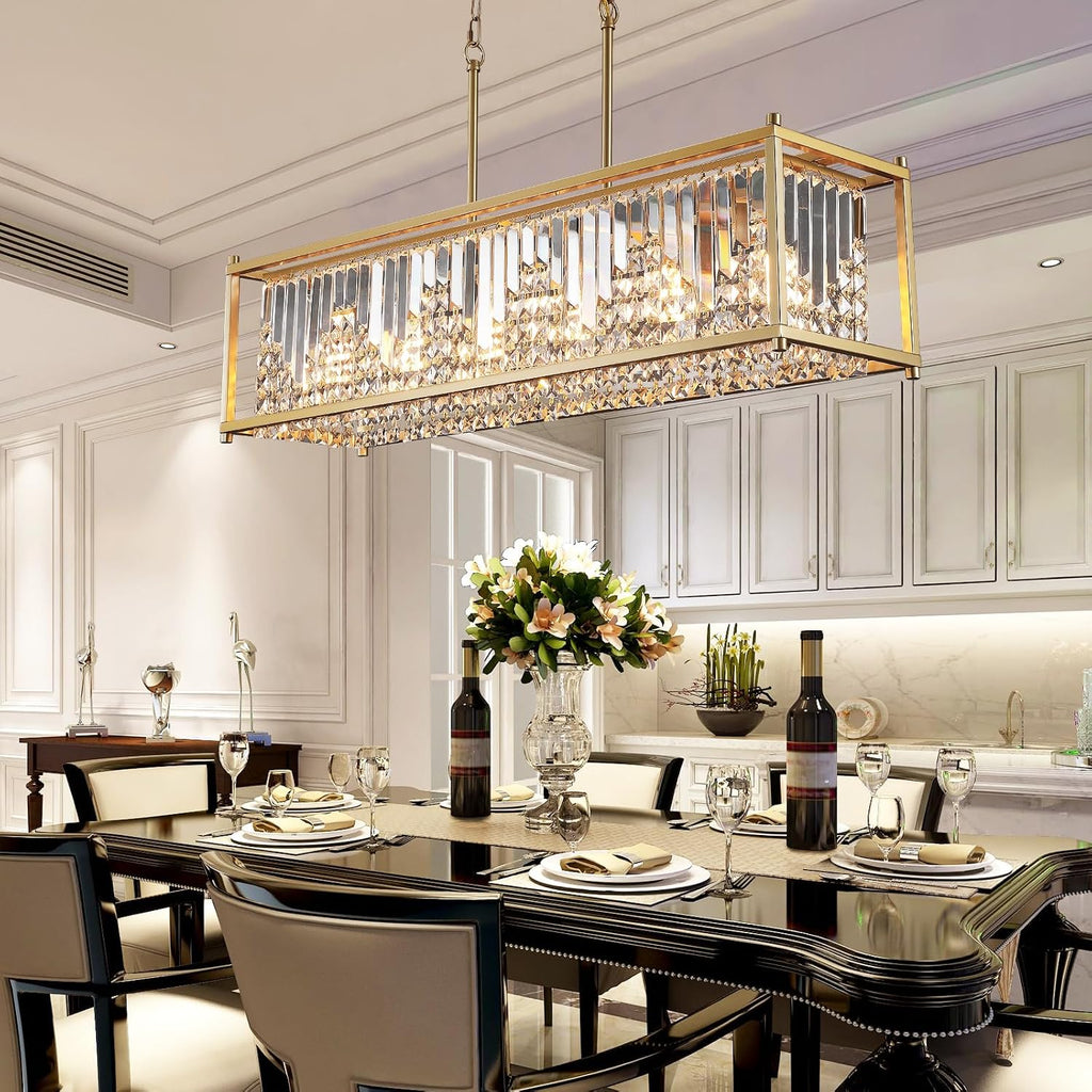 Q&S Modern Crystal Chandelier,Gold Rectangular Chandelier 6-Light,Luxury K9 Crystal Pendant Light for Dining Room Kitchen Island Bar Pool Table Hotel Office UL Listed