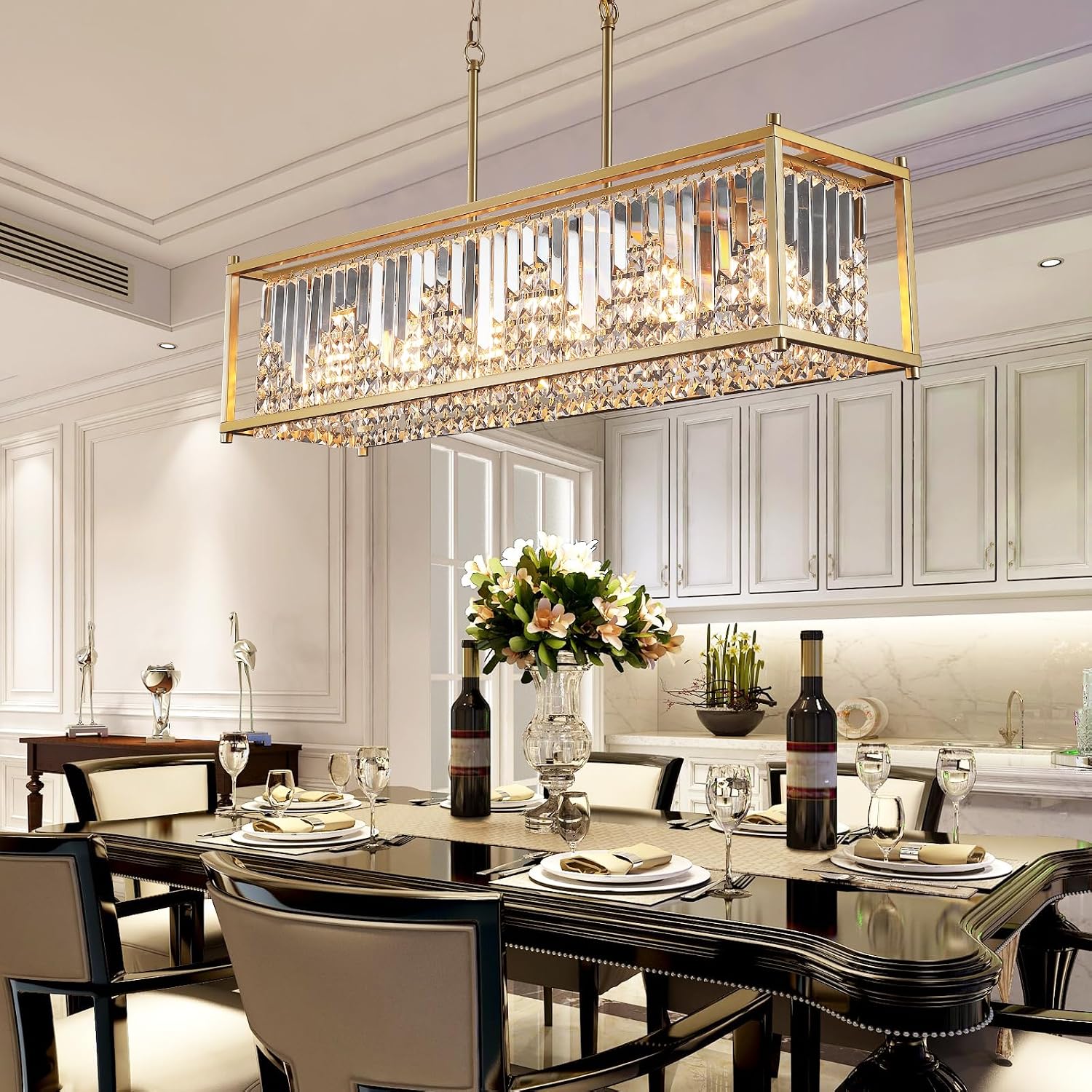 Q&S Modern Crystal Chandelier,Gold Rectangular Chandelier 6-Light,Luxury K9 Crystal Pendant Light for Dining Room Kitchen Island Bar Pool Table Hotel Office UL Listed