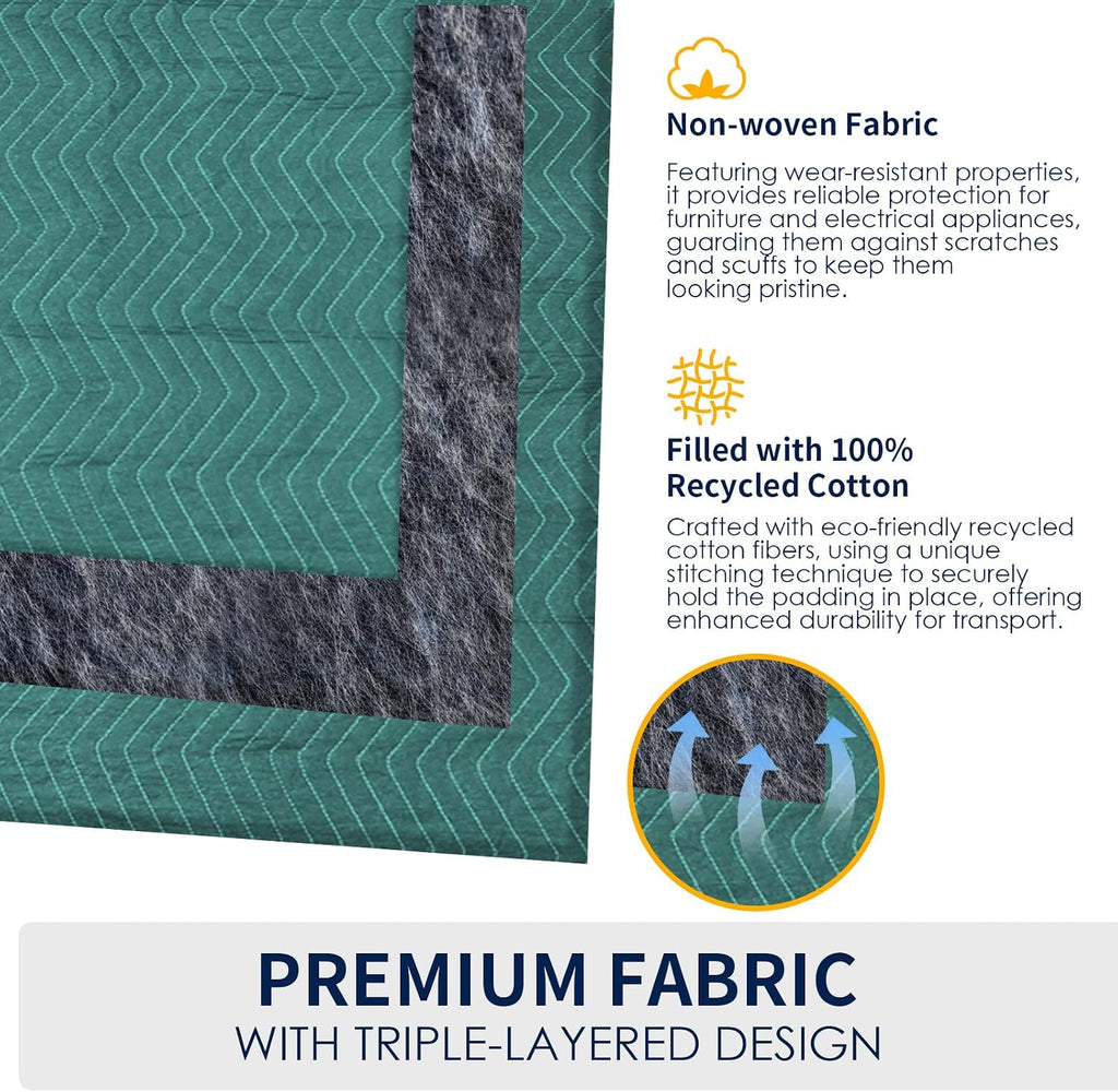 Moving Blankets 4 Pack, Double Extra Large 144'x80' Heavy Duty Quilted Packing Blankets for Moving, Shipping & Storage, Professional Furniture Pads -Green & Gray