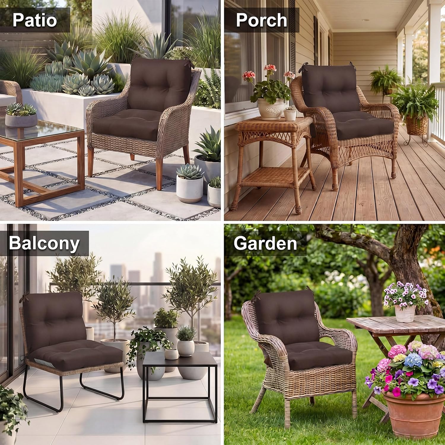 Geetery Outdoor Chair Cushions Set of 4 High Back Patio Furniture Replacement Seat Pads with Ties 42x21x4' for Lawn Porch Wicker Rocking Dining Chairs Weather Resistant Fade Resistant(Dark Brown)
