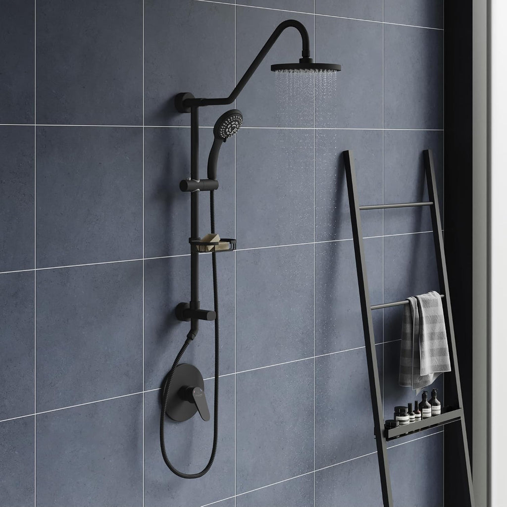 PULSE ShowerSpas Kauai III Matte Black Rain Shower Head with Handheld Spray - 2.5 GPM, 8' Showerhead, 5-Function HandShower, Adjustable Slide Bar - Shower Heads with Handheld Spray Combo