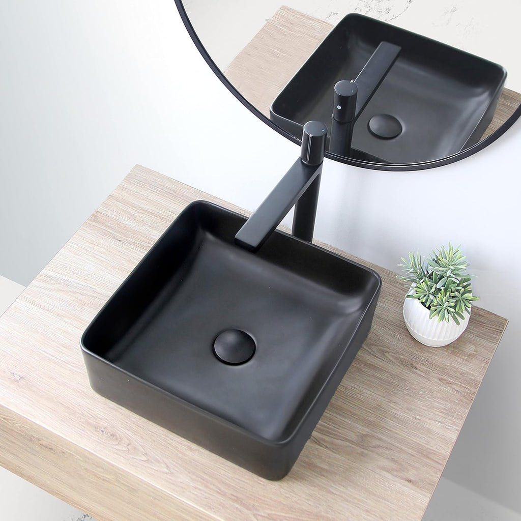 Stylish Vessel Sink 14.5 x 14.5 Inch Square Porcelain Over the Counter Black Bathroom Sink Enamel Glaze Finish Smooth and Stain Resistant Non Porous Surface, P-226N