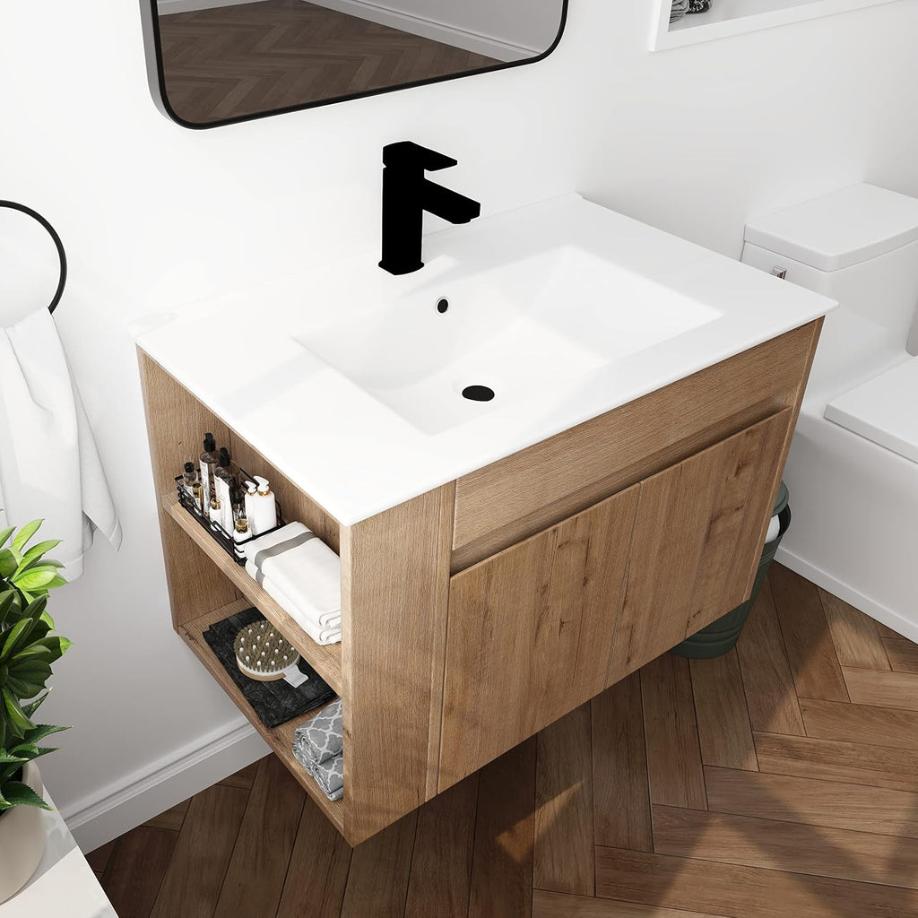 30' Bathroom Vanity with Sink, 30 Inch Floating Vanity with Soft-closing Door, Modern Single Sink Bathroom Vanity Combo, Brown Wall Mounted Cabinet Set with Open Shelf (IMO-027, 30''W x 18''D)