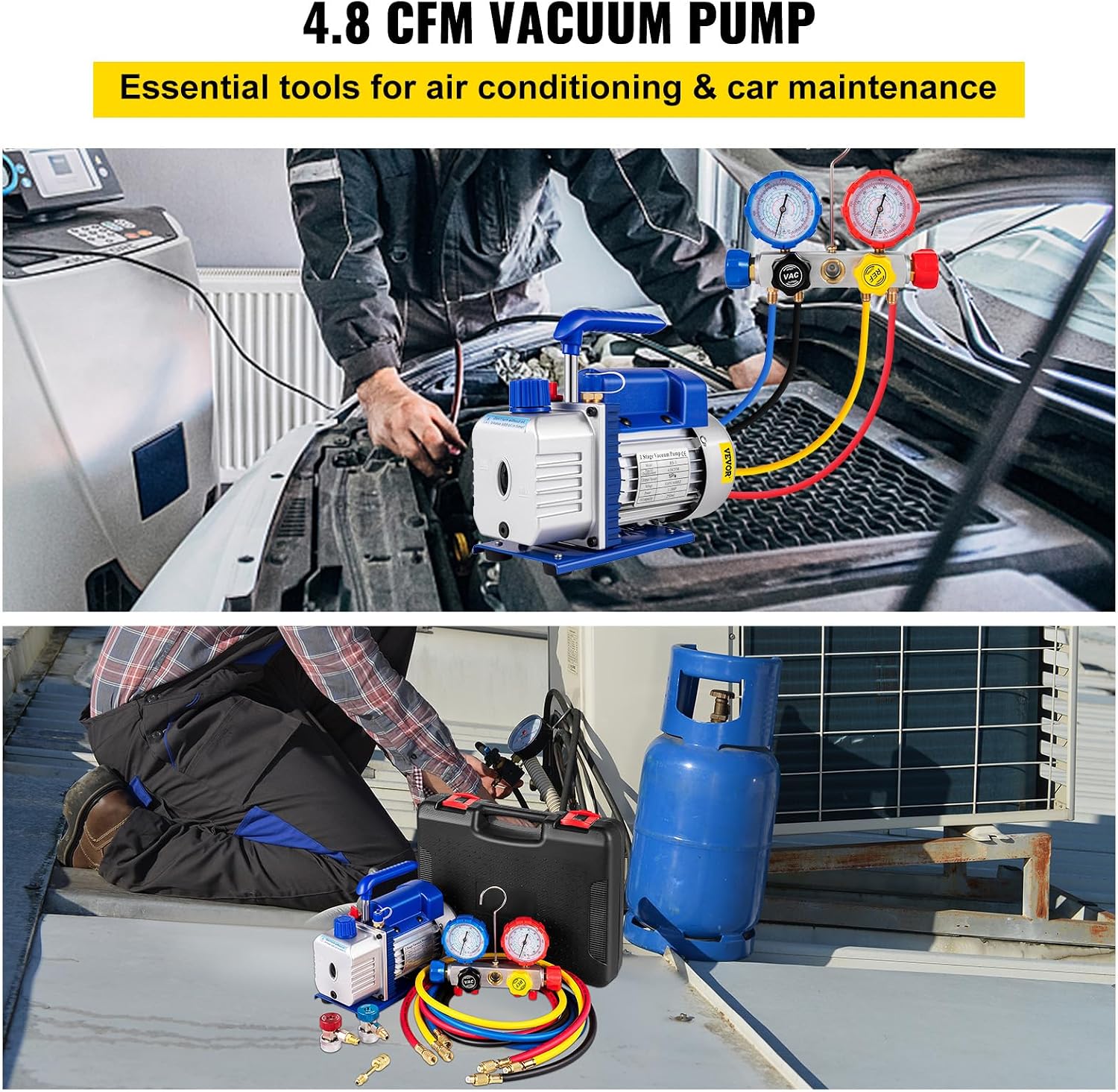VEVOR Vacuum Pump 4.8CFM 1/4 HP Single Stage HVAC A/C Refrigeration Kit 5PA Ultimate Vacuum Manifold Gauge Set R12 R404A R410A R134A R22 HVAC AC, Manifold Gauge and Hose for Air Conditioning Systems
